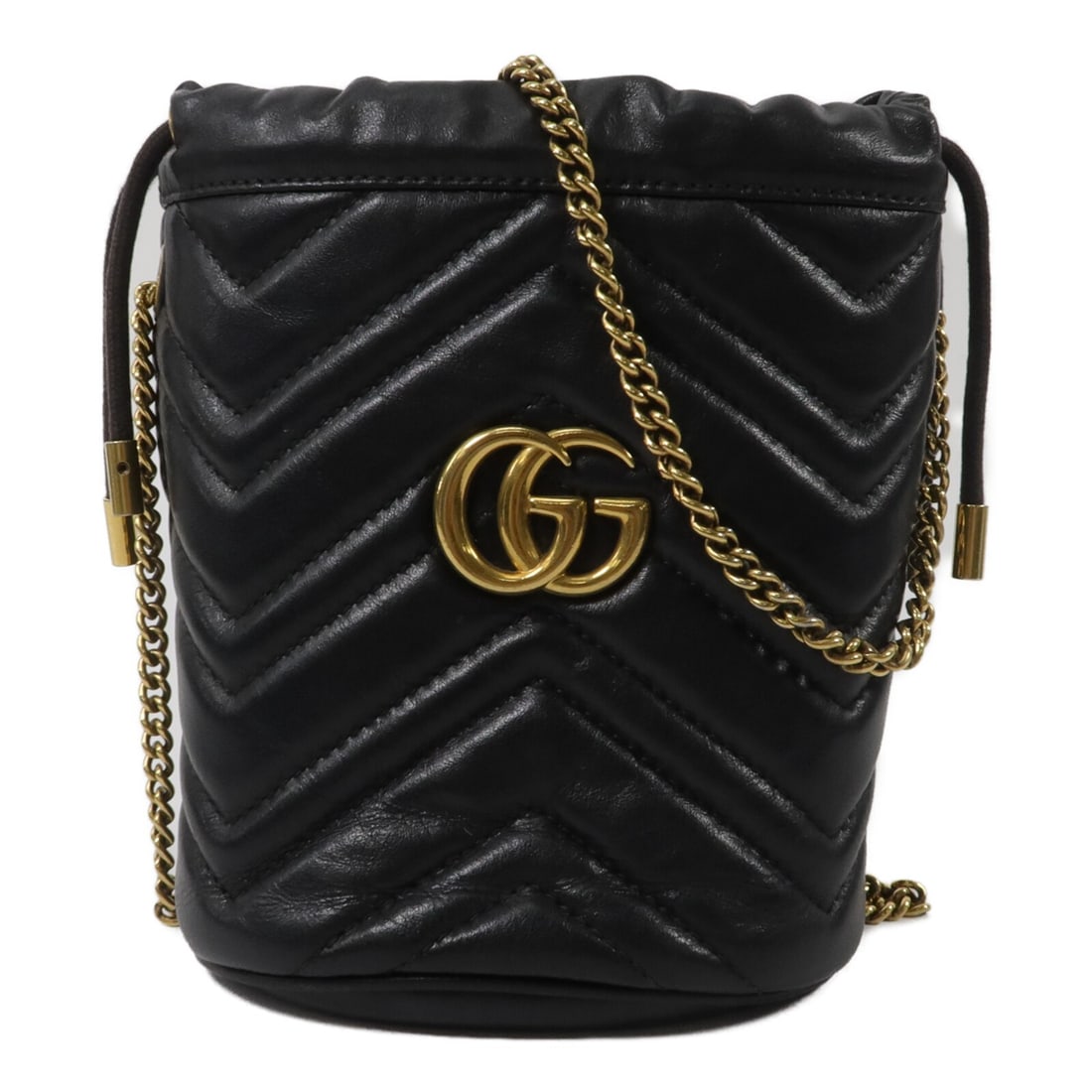 GUCCI 575163 GG Marmont Mini Bucket Shoulder Bag Black Calfskin: GUCCI 575163 GG Marmont Mini Bucket Shoulder Bag Black Calfskin A Gucci GG Marmont mini bucket chain shoulder bag in black calfskin leather. The bag features a shoulder strap and a practical interior 