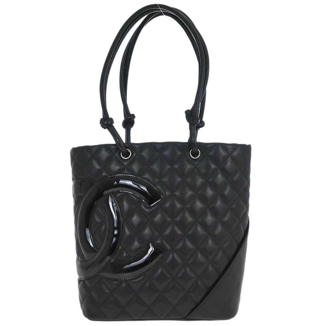 CHANEL Cambon Ligne black calfskin tote handbag: CHANEL Cambon Ligne black calfskin tote handbag Chanel Cambon Ligne tote handbag in black calfskin leather with quilted logo accents and patent leather trim. This medium tote features double black han