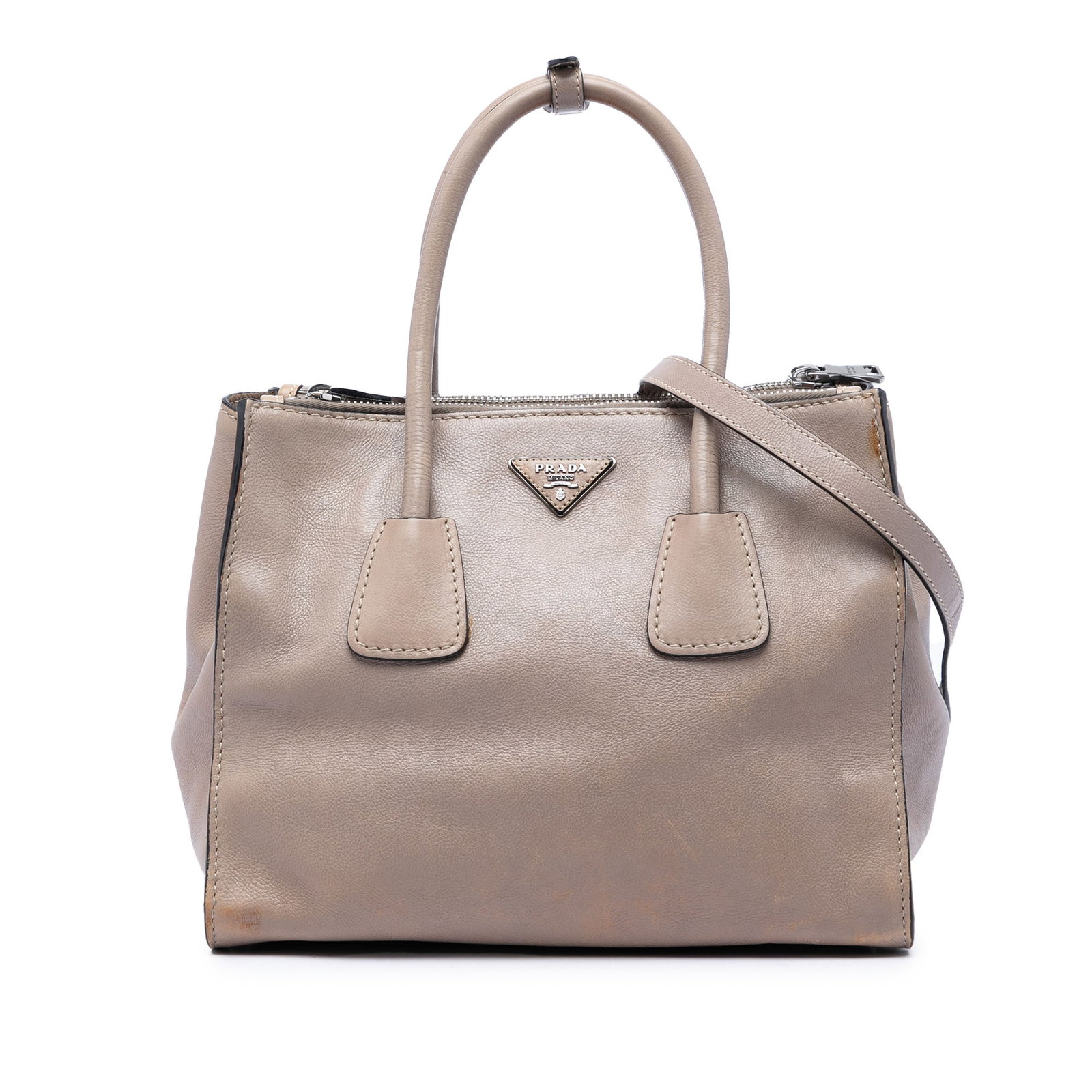 Beige Leather Satchel Prada Glace Calf Twin Pocket Bag: Beige Leather Satchel Prada Glace Calf Twin Pocket Bag Prada Twin Pocket double handle satchel in beige calf leather. This satchel features rolled leather handles, a detachable flat leather strap, an 