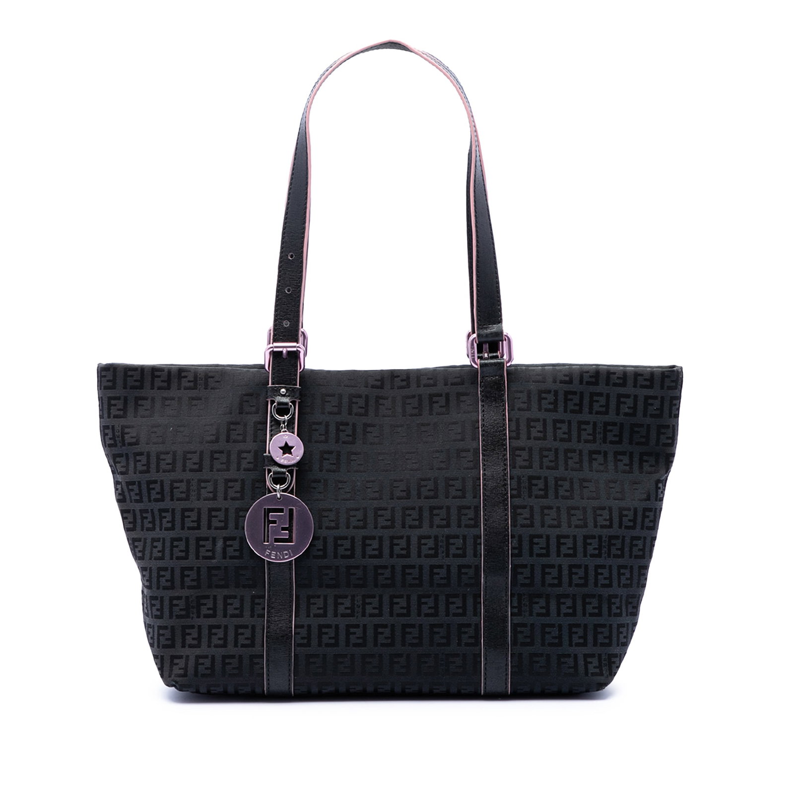 Fendi Zucchino Superstar Tote Bag in Black Canvas: Fendi Zucchino Superstar Tote Bag in Black Canvas Fendi Zucchino Canvas Superstar Tote in black, made in Italy. This bag features a canvas body with leather trim, flat leather handles, a top zip closu