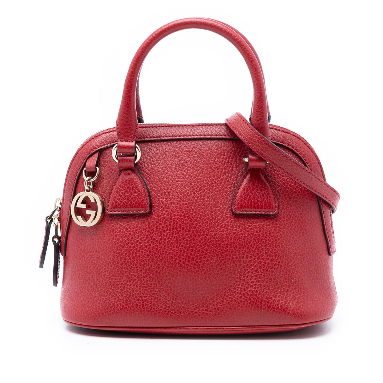 Red Gucci leather dome satchel with GG Charm: Red Gucci leather dome satchel with GG Charm This Gucci Mini Leather GG Charm Dome Satchel is crafted in red leather and features rolled leather handles, a detachable and adjustable flat leather shoul