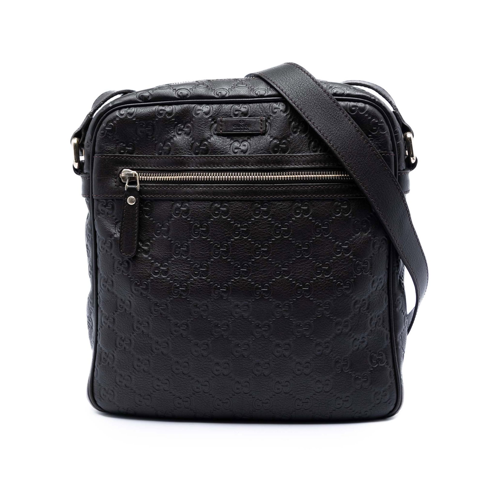 Gucci Guccissima Brown Leather Crossbody Bag: Gucci Guccissima Brown Leather Crossbody Bag Gucci Guccissima Crossbody in brown embossed leather with an adjustable flat leather strap, top zip closure, exterior front zip pocket, and interior zip an