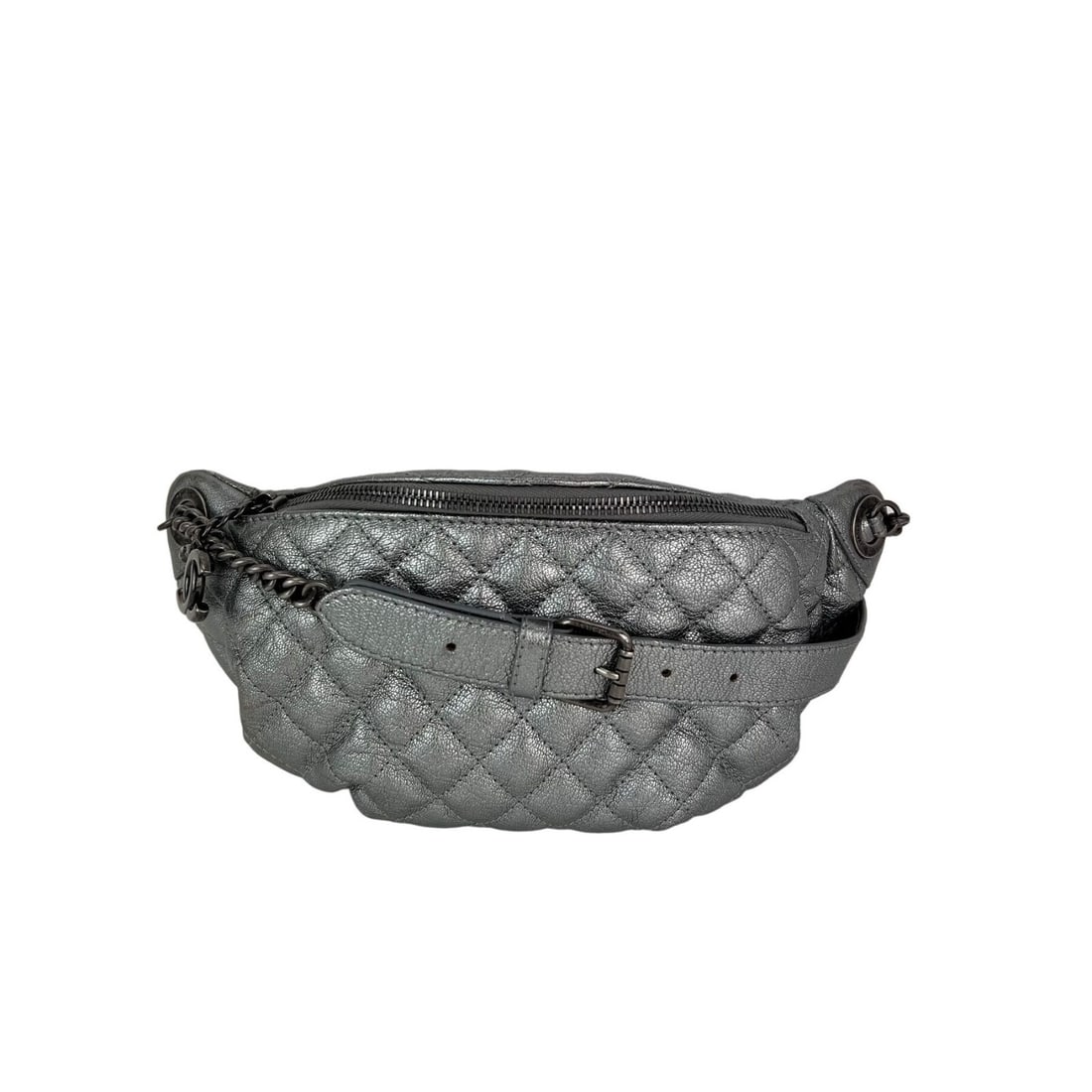 Chanel Dark Silver Calfskin Quilted Banane Fanny Bag: Chanel Dark Silver Calfskin Quilted Banane Fanny Bag Elevate your style with this Chanel Metallic Dark Silver Calfskin Quilted Banane Fanny Waist Bag, perfect for casual travel. This small belt bag fe