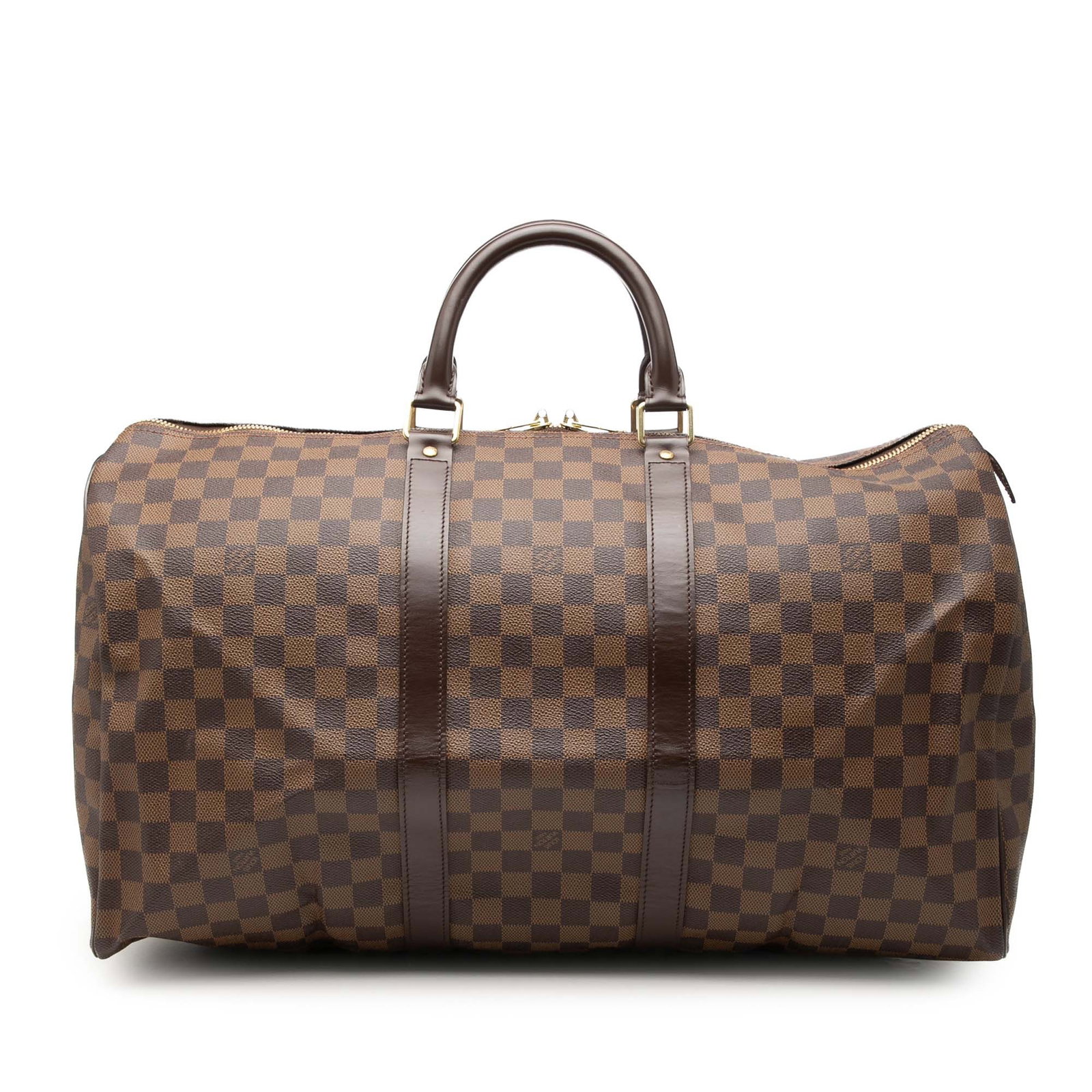 Louis Vuitton Keepall 50 Damier Ebene Travel Bag: Louis Vuitton Keepall 50 Damier Ebene Travel Bag Louis Vuitton Damier Ebene Keepall 50 travel bag in brown fabric with leather trim, rolled leather handles, and a top zip closure. Made in France. Cond