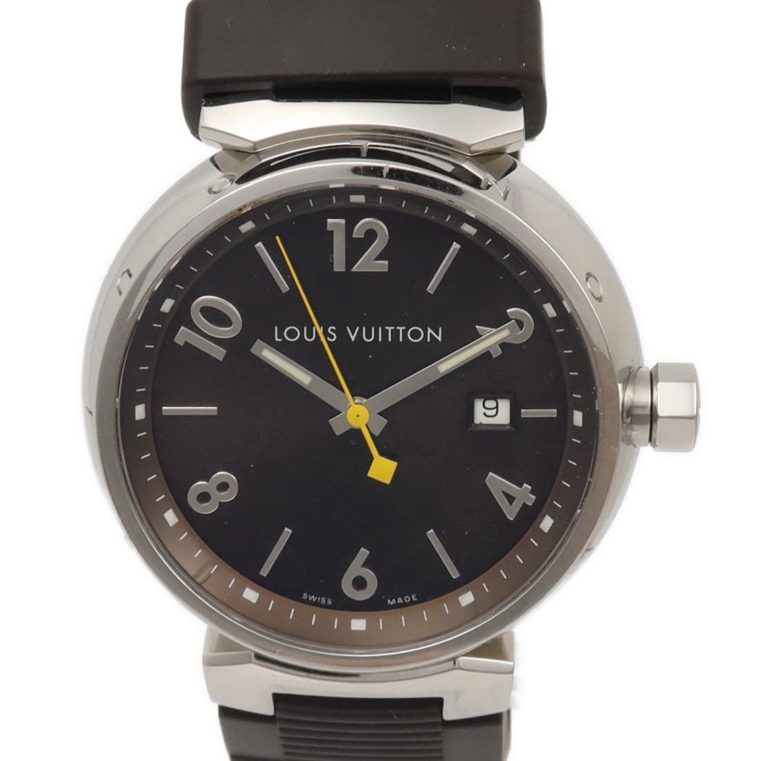 Louis Vuitton Q1111 Tambour men's quartz watch brown steel rubber: Louis Vuitton Q1111 Tambour men's quartz watch brown steel rubber Louis Vuitton LV Tambour Q1111 quartz watch for men with a brown stainless steel and rubber design. It features a date display, 100M w
