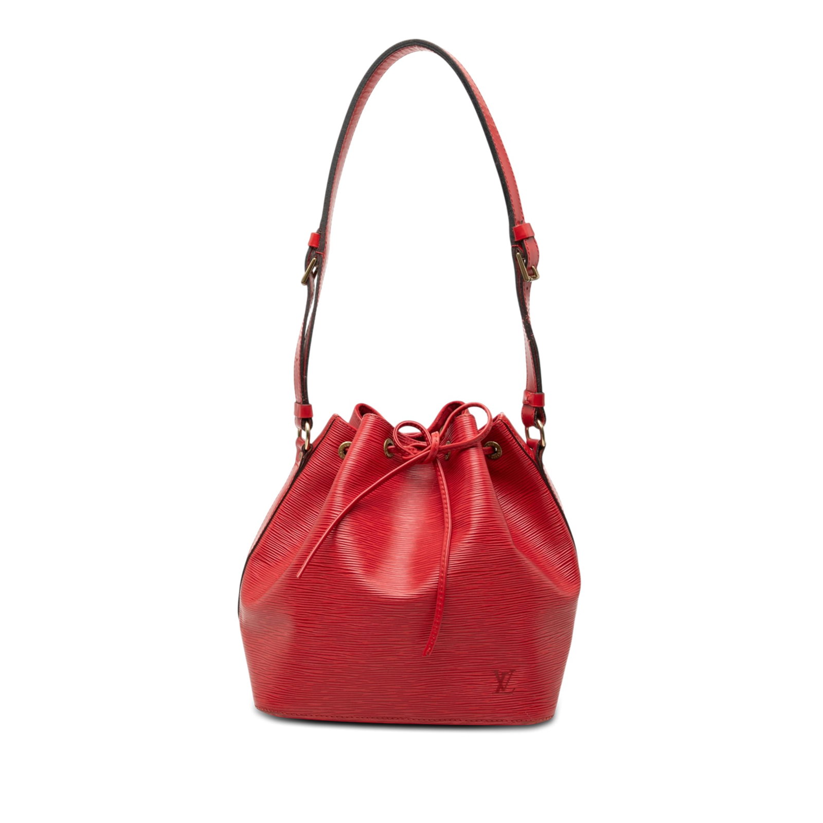 Louis Vuitton Epi Petit Noe Red Leather Bag: Louis Vuitton Epi Petit Noe Red Leather Bag This Louis Vuitton Epi Petit Noe bag features a structured red epi leather body with flat leather shoulder straps and a drawstring closure. The bag shows vi