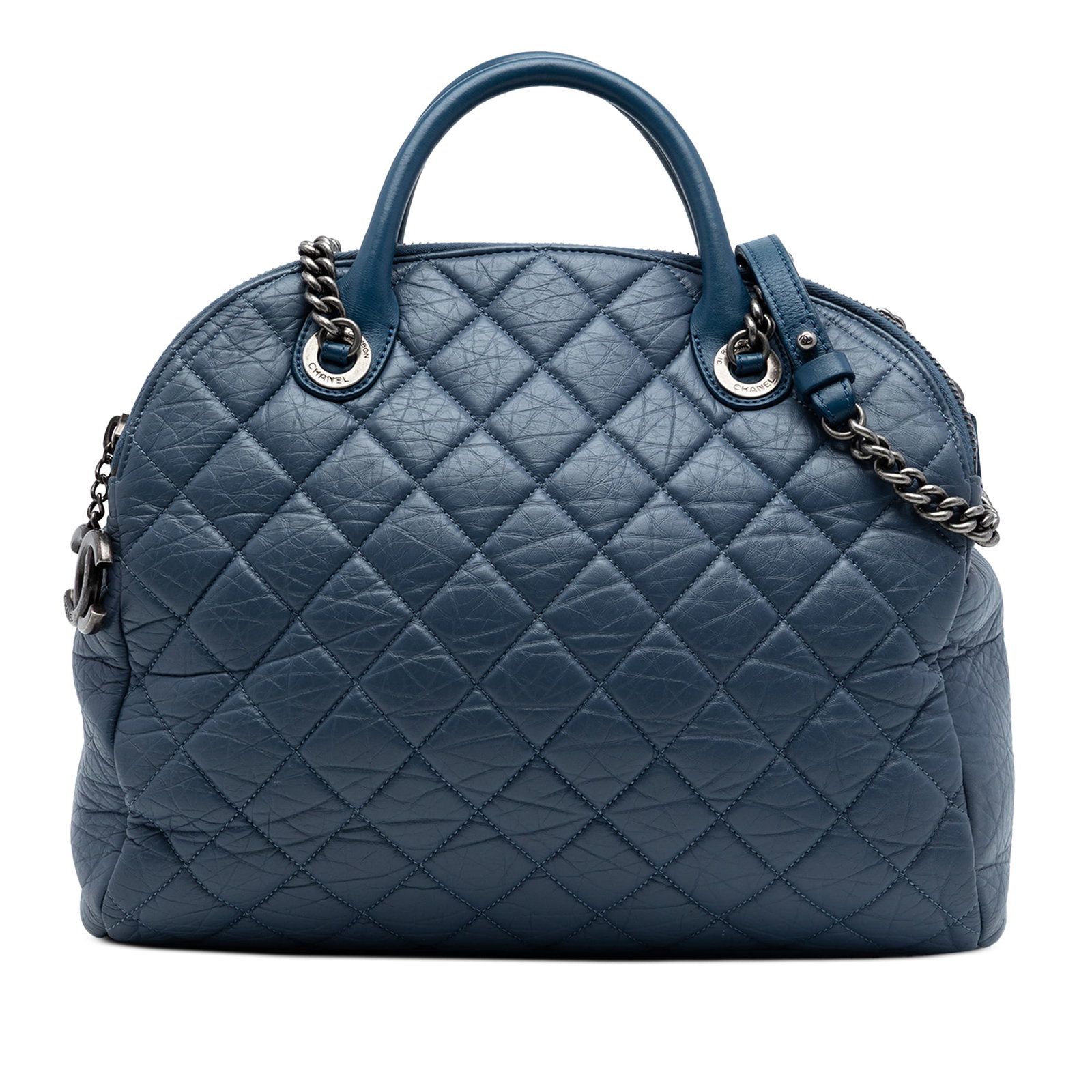 Chanel CC Bowling Satchel in Blue Quilted Aged Calfskin: Chanel CC Bowling Satchel in Blue Quilted Aged Calfskin Chanel CC Quilted Aged Calfskin Bowling Bag in blue leather. This satchel features a quilted leather body, rolled leather handles, chain link st