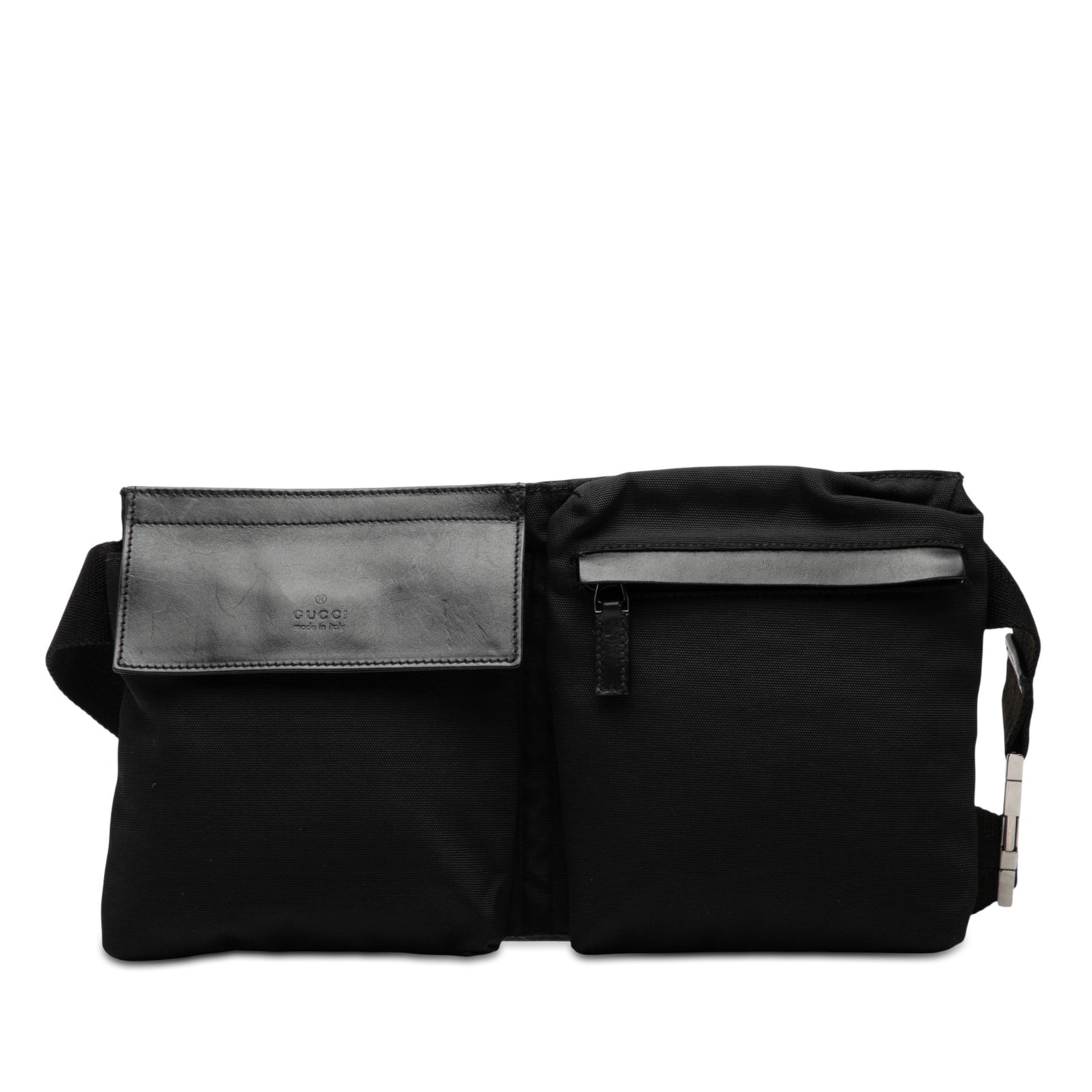 Black Nylon Belt Bag with Dual Pockets by Gucci: Black Nylon Belt Bag with Dual Pockets by Gucci This Gucci belt bag is crafted from durable nylon with leather trim and features an adjustable flat waist strap. The design includes exterior front flap