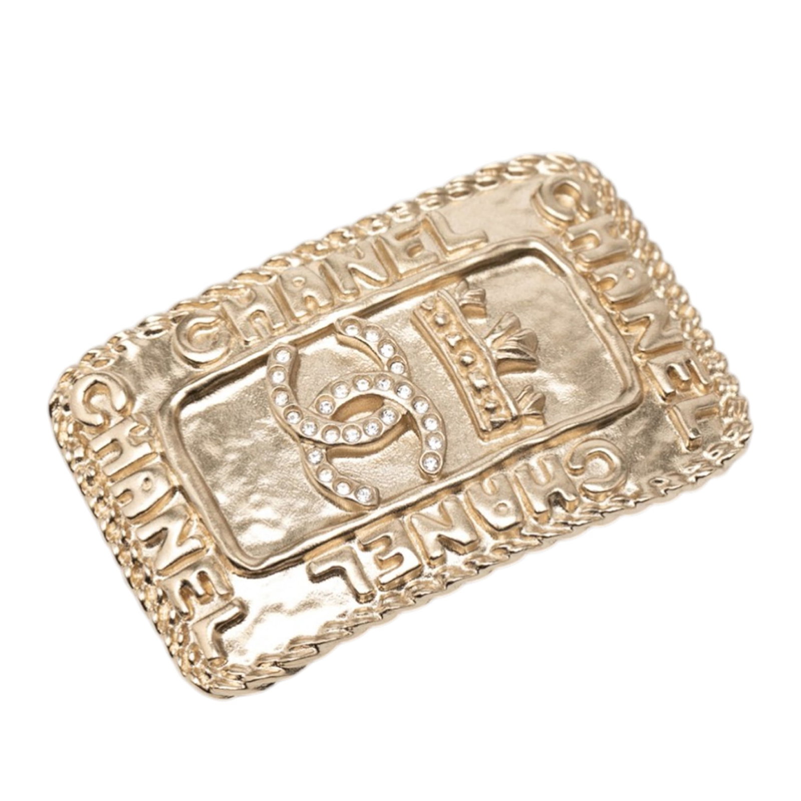 Chanel Gold Plated Metal Brooch with Crystal Crown Motif: Chanel Gold Plated Metal Brooch with Crystal Crown Motif This Chanel brooch features a gold-plated metal body adorned with rhinestone details and is secured with a back pin closure. The design showcas