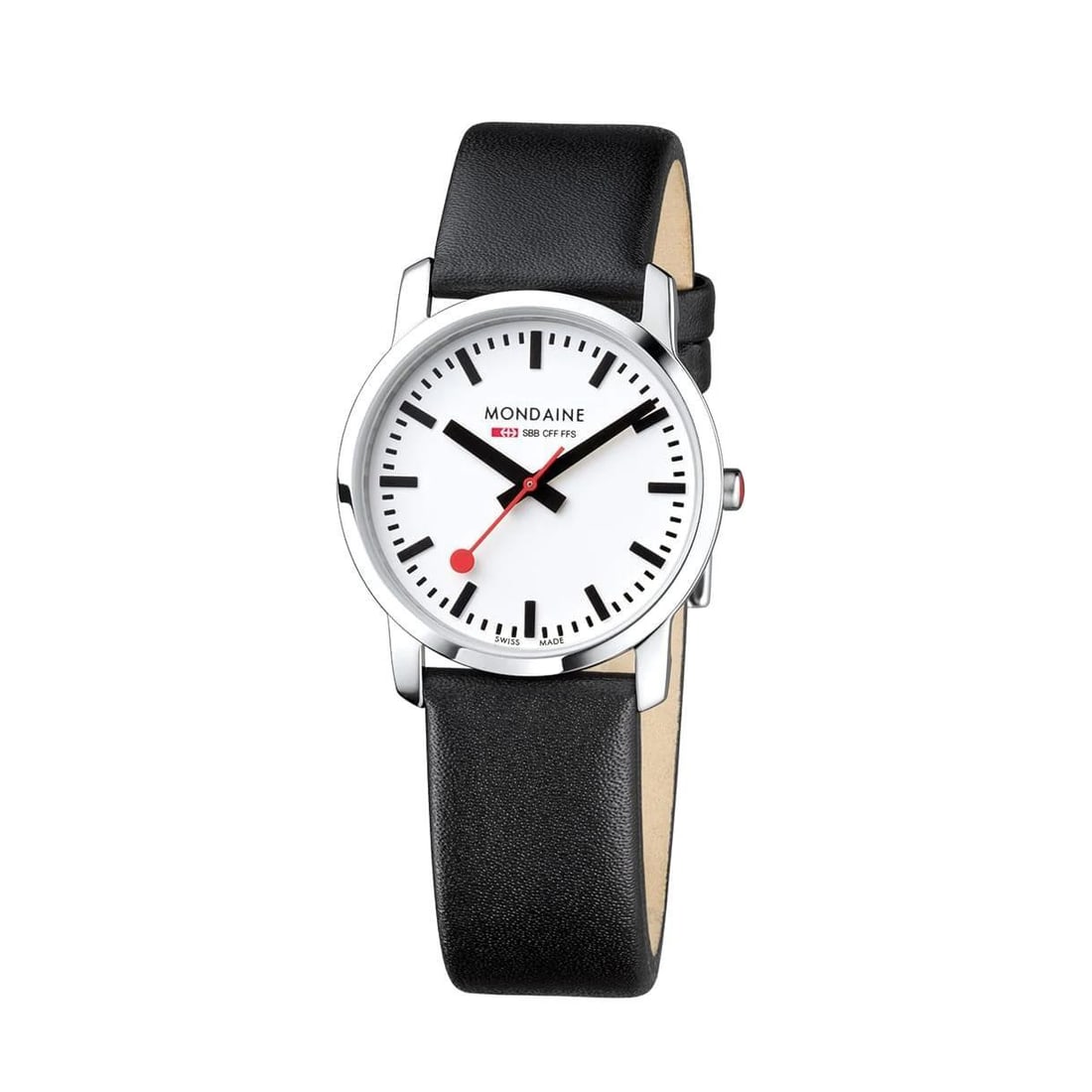 Mondaine Simply Elegant Quartz Watch 36mm White Dial Black Leather Band: Mondaine Simply Elegant Quartz Watch 36mm White Dial Black Leather Band The Mondaine Simply Elegant Ladies Quartz Watch combines classic design with modern functionality. This stylish wristwatch featu