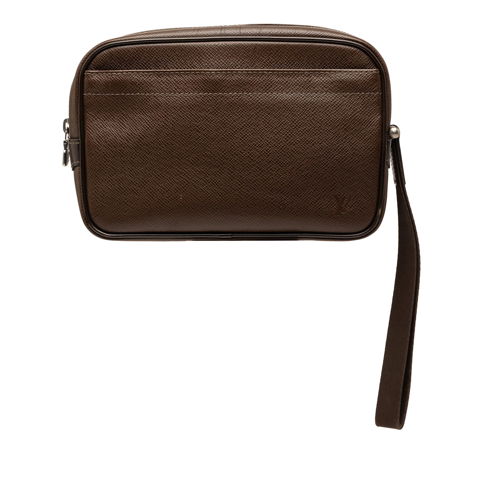 Louis Vuitton Kaluga Taiga Leather Wristlet Clutch Bag: Louis Vuitton Kaluga Taiga Leather Wristlet Clutch Bag Louis Vuitton Taiga Pochette Kaluga in brown leather with a flat wrist strap, top zip closure, and exterior zip pocket. Made in Spain. Condition 
