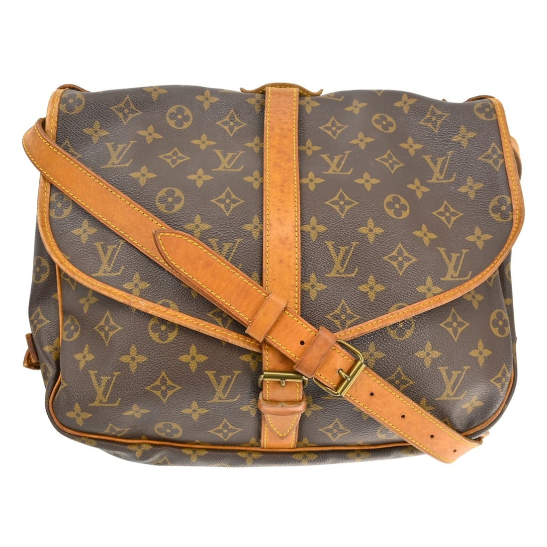 Louis Vuitton Saumur 35 Monogram Crossbody Bag M42254: Louis Vuitton Saumur 35 Monogram Crossbody Bag M42254 Vintage Louis Vuitton Saumur 35 messenger shoulder bag in brown Monogram canvas with leather trim and a buckle closure. This unisex bag features a