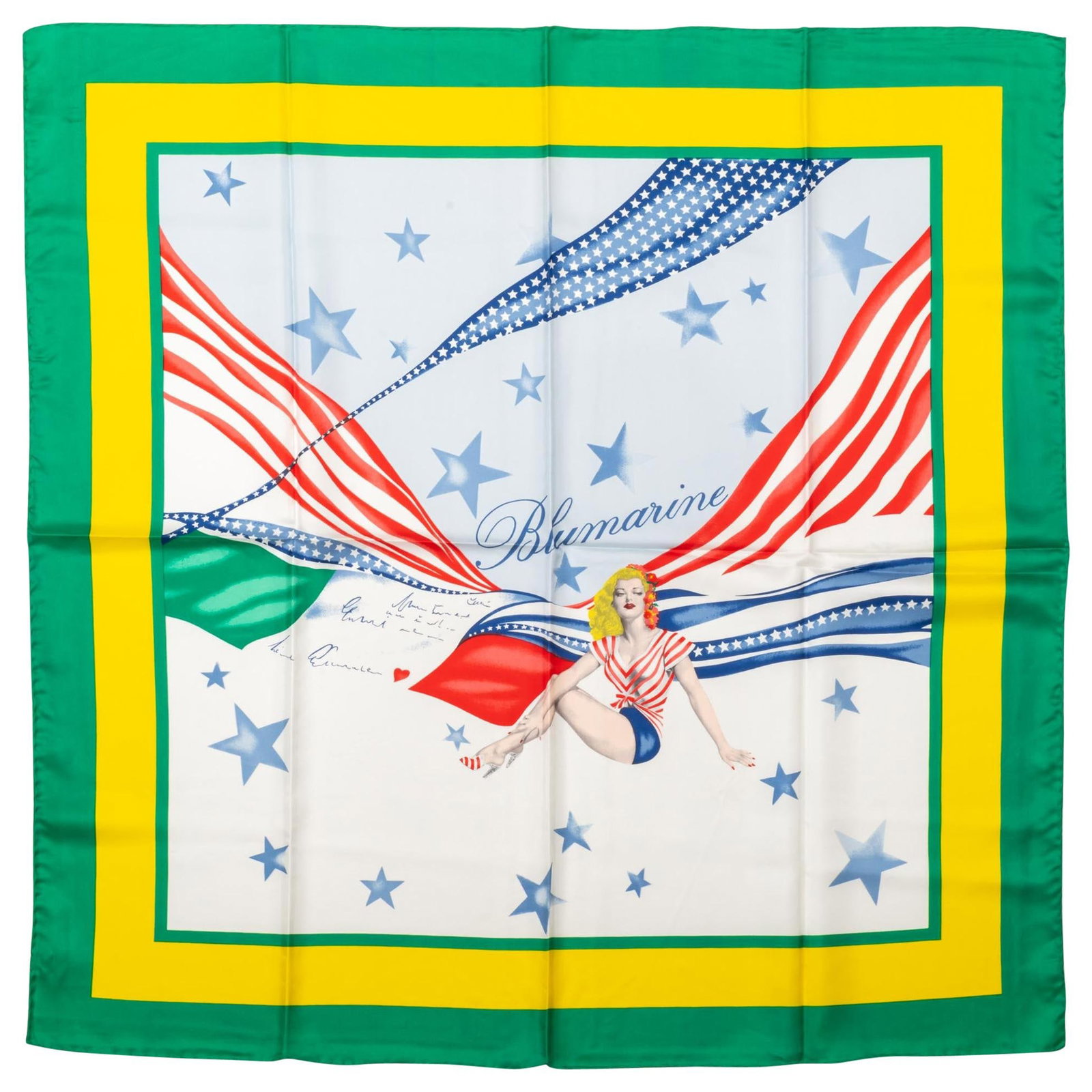 Blumarine Pin Up Flag Silk Scarf 35 in Made in Italy: Blumarine Pin Up Flag Silk Scarf 35 in Made in Italy Elevate your accessory collection with this stunning Blumarine Pin Up Flag Silk Scarf. Crafted in Italy from luxurious 100% silk, this scarf featur