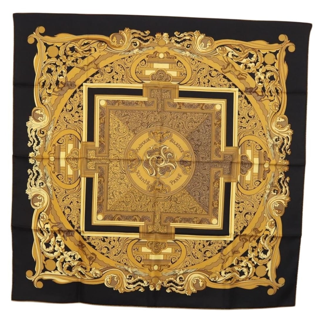Hermes Animaux Solaires Silk Carre 90 Scarf Black France: Hermes Animaux Solaires Silk Carre 90 Scarf Black France Hermes Carre 90 silk scarf in black, titled "Animaux Solaires." It is a 90 cm square scarf made in France and comes with the item box. Conditio