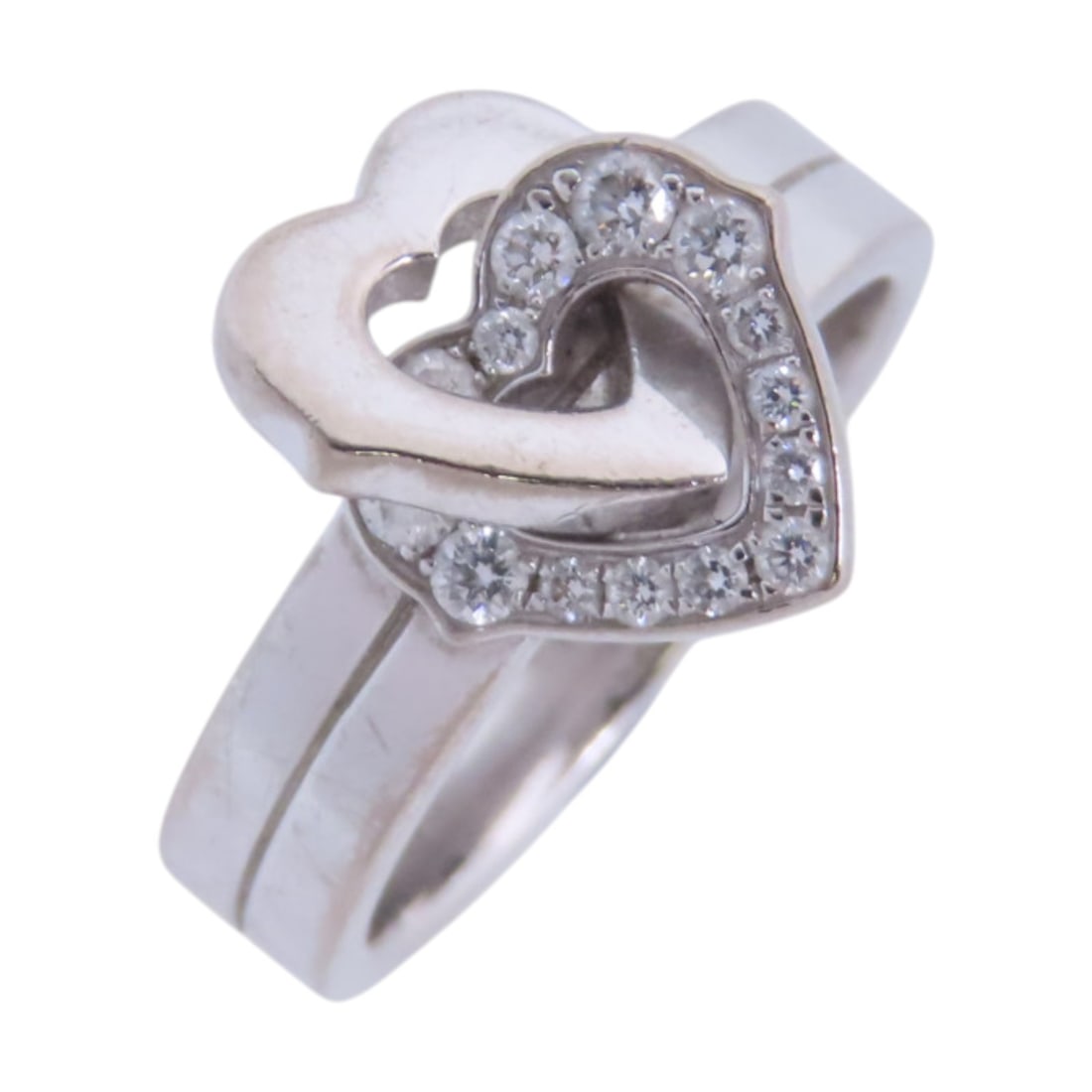 Cartier Double Heart 18K White Gold Diamond Ring Size 52 US 5.75: Cartier Double Heart 18K White Gold Diamond Ring Size 52 US 5.75 18K white gold ring with a double heart diamond motif. The ring is size US 5.75 and engraved 52, with a 4 mm ring width and a motif mea