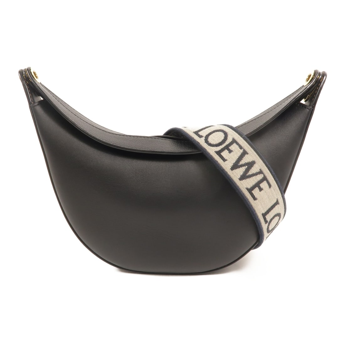 LOEWE Luna Small Black Calfskin Shoulder Bag Gold Tone Hardware: LOEWE Luna Small Black Calfskin Shoulder Bag Gold Tone Hardware LOEWE Luna Small Shoulder Bag in black calfskin leather with gold-tone hardware. It features a shoulder strap and a magnetic pocket. Con