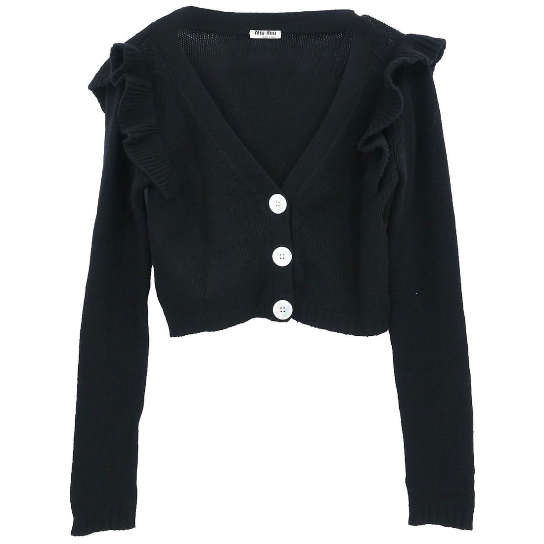 Womens cashmere cardigan Miu Miu black round neck IT 36: Womens cashmere cardigan Miu Miu black round neck IT 36 Black Miu Miu cardigan in 100% cashmere with a round neck, long sleeves, and a regular fit. This women's vintage sweater is made in Italy and is