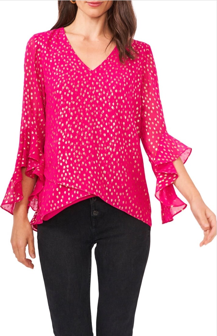 Vince Camuto Fuschia Rose Metallic Flutter-Sleeve Blouse XS (1 of 1)
