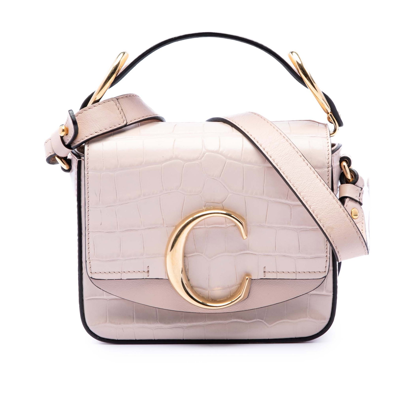 Chloe Mini C Satchel Pink Croc Embossed Calfskin Leather: Chloe Mini C Satchel Pink Croc Embossed Calfskin Leather This Chloe Mini Croc Embossed Calfskin C Satchel is a compact bag crafted in embossed leather with a flat leather handle and a detachable, adju
