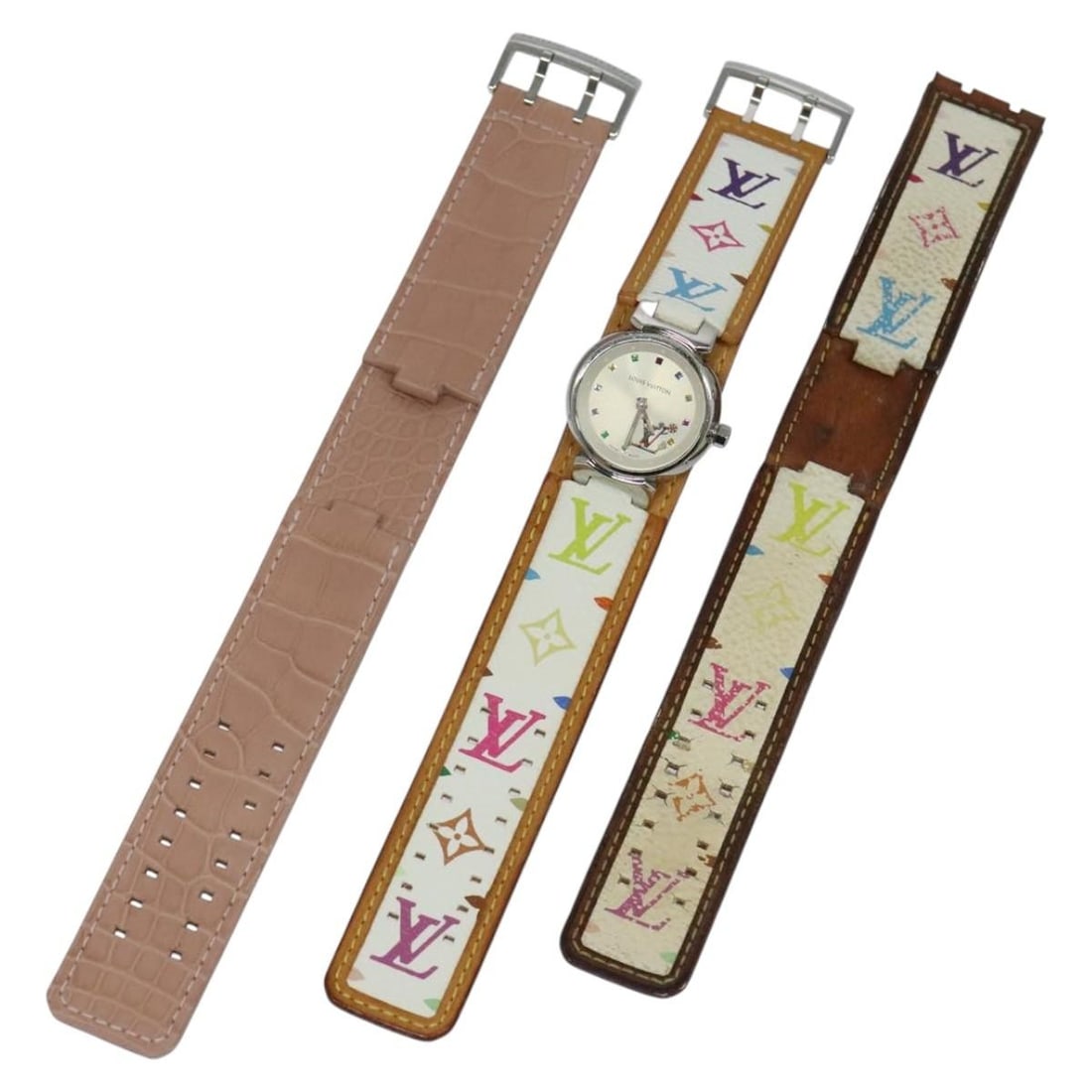 Louis Vuitton White Monogram Multicolor Watch 109 500 with Box Dust Bag: Louis Vuitton White Monogram Multicolor Watch 109 500 with Box Dust Bag Louis Vuitton watch in white Monogram Multicolor canvas, made in Switzerland. It comes with a dust bag and item box, and include