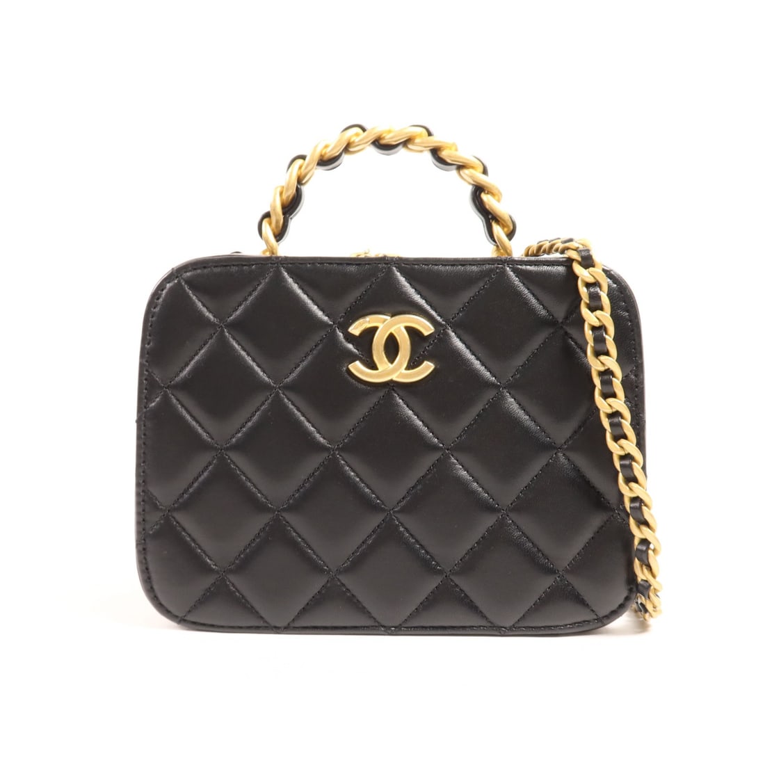 CHANEL CC 2 Way Shoulder Bag Black Lambskin Leather GHW: CHANEL CC 2 Way Shoulder Bag Black Lambskin Leather GHW A CHANEL 2-way shoulder bag handbag in black lambskin (sheep leather) with gold-tone hardware. The bag is a regular-size women's style made in F