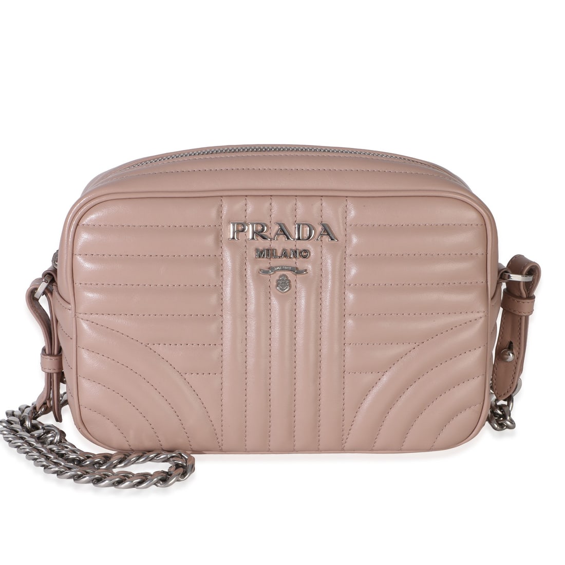 Prada Diagramme Small Camera Bag Pink Beige Leather: Prada Diagramme Small Camera Bag Pink Beige Leather Pre-owned Prada Diagramme Small Camera Bag in pink and beige leather with silver-tone hardware. This unisex shoulder bag features a zip-around closu