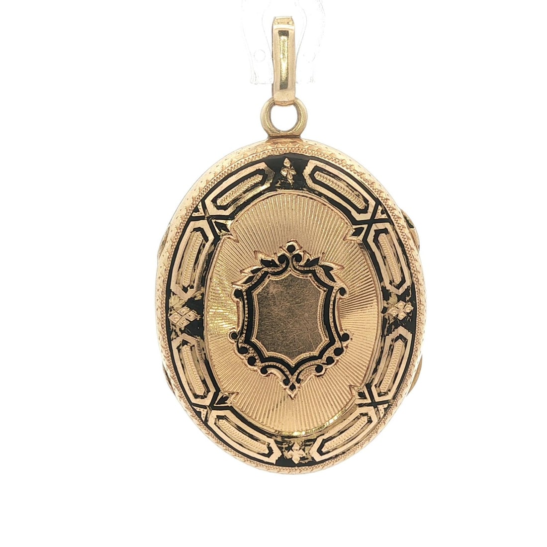 Antique 16-18k Yellow Gold Black Enamel Oval Locket Pendant: Antique 16-18k Yellow Gold Black Enamel Oval Locket Pendant This exquisite antique locket pendant showcases a detailed design in solid yellow gold with black enamel work. The oval-shaped locket featur