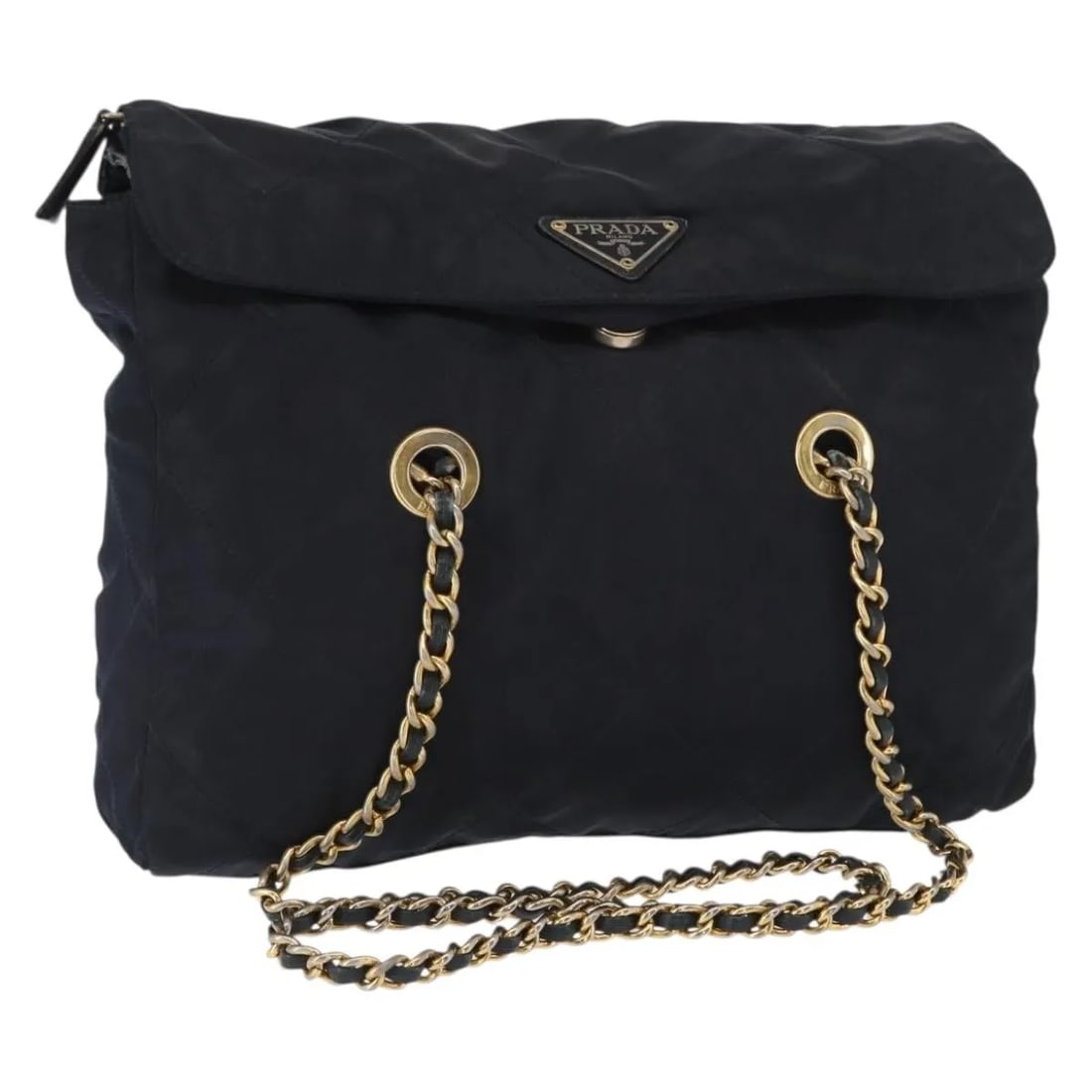 Prada Chain Shoulder Bag Navy Nylon Made in Italy: Prada Chain Shoulder Bag Navy Nylon Made in Italy This Prada Chain Shoulder Bag for women features a navy nylon construction with chain shoulder strap. It is a pre-owned item in good condition with si