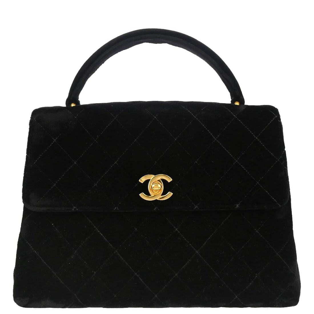 CHANEL Small Black Velvet Top Handle Satchel Turn Lock: CHANEL Small Black Velvet Top Handle Satchel Turn Lock Small Chanel satchel/top handle handbag in black velvet with a turn-lock closure and black top handle. The bag is made in France and features a g
