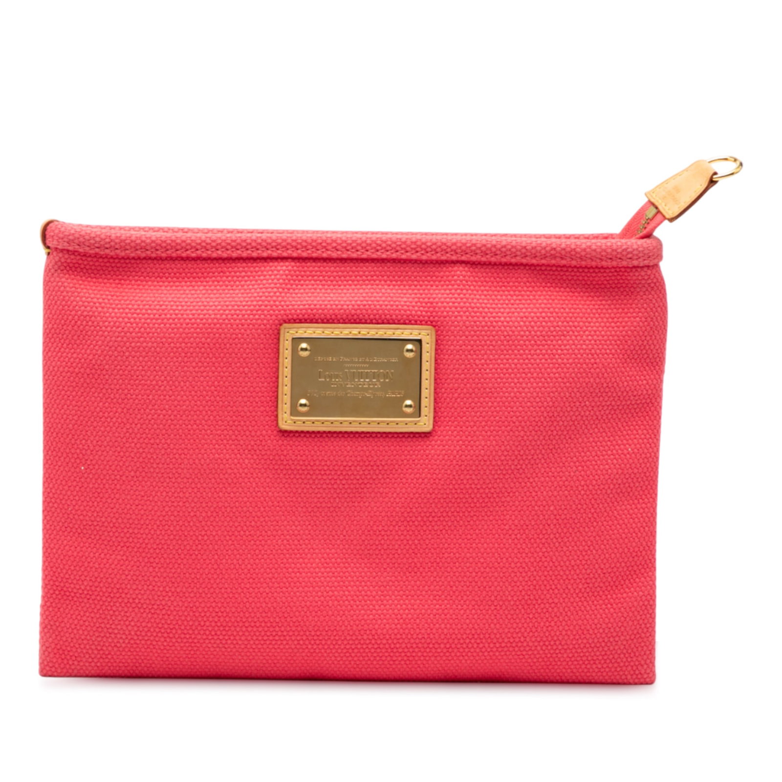 Louis Vuitton Antigua Plat PM Pink Fabric Zippered Pouch: Louis Vuitton Antigua Plat PM Pink Fabric Zippered Pouch This Louis Vuitton Antigua Pochette Plat PM Pouch features a pink canvas body with a top zip closure. The pouch shows signs of wear, including 