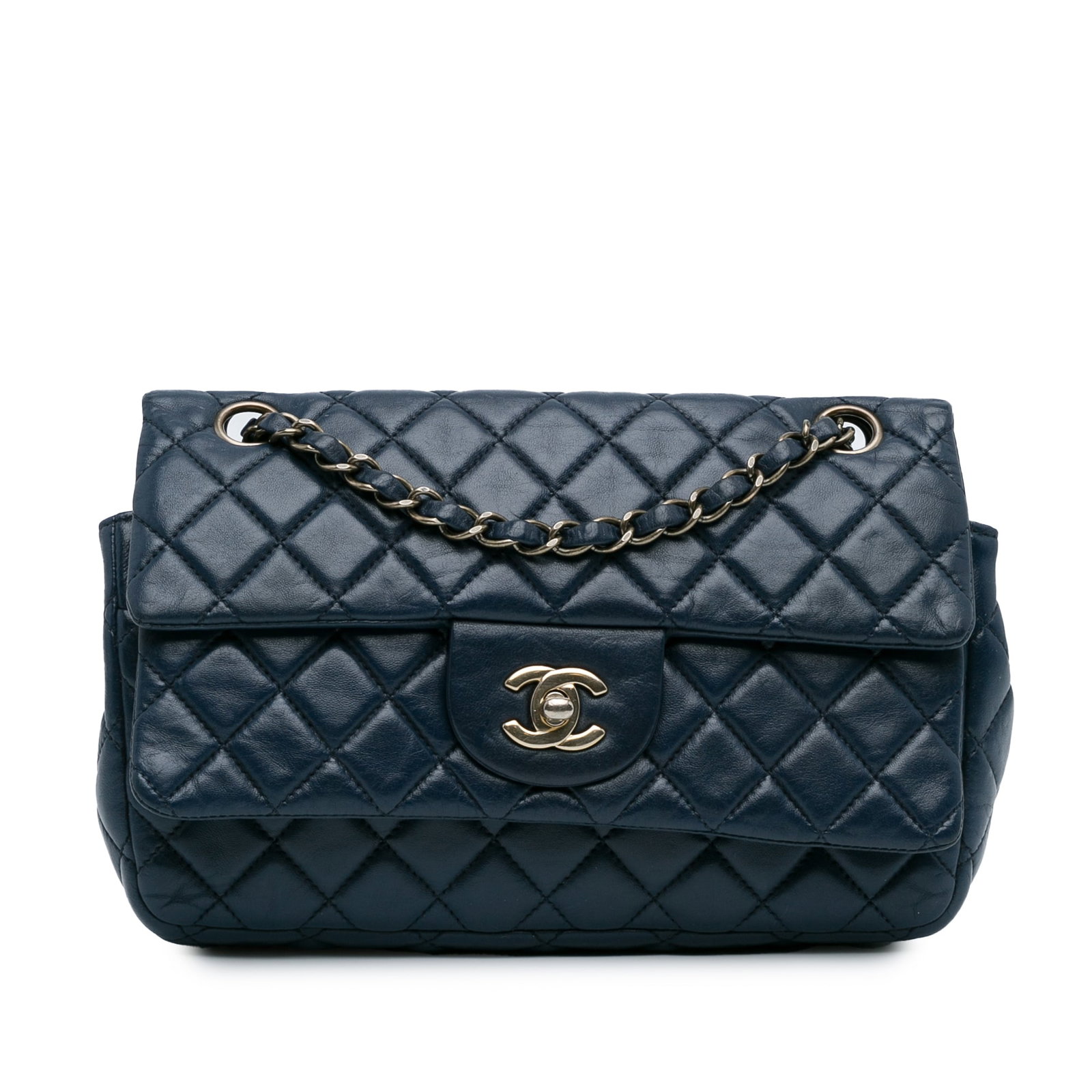 Chanel Blue Lambskin CC Double Flap Quilted Shoulder Bag: Chanel Blue Lambskin CC Double Flap Quilted Shoulder Bag This Chanel CC Quilted Lambskin Double Flap shoulder bag features a quilted lambskin leather body, a leather-woven chain link shoulder strap, d