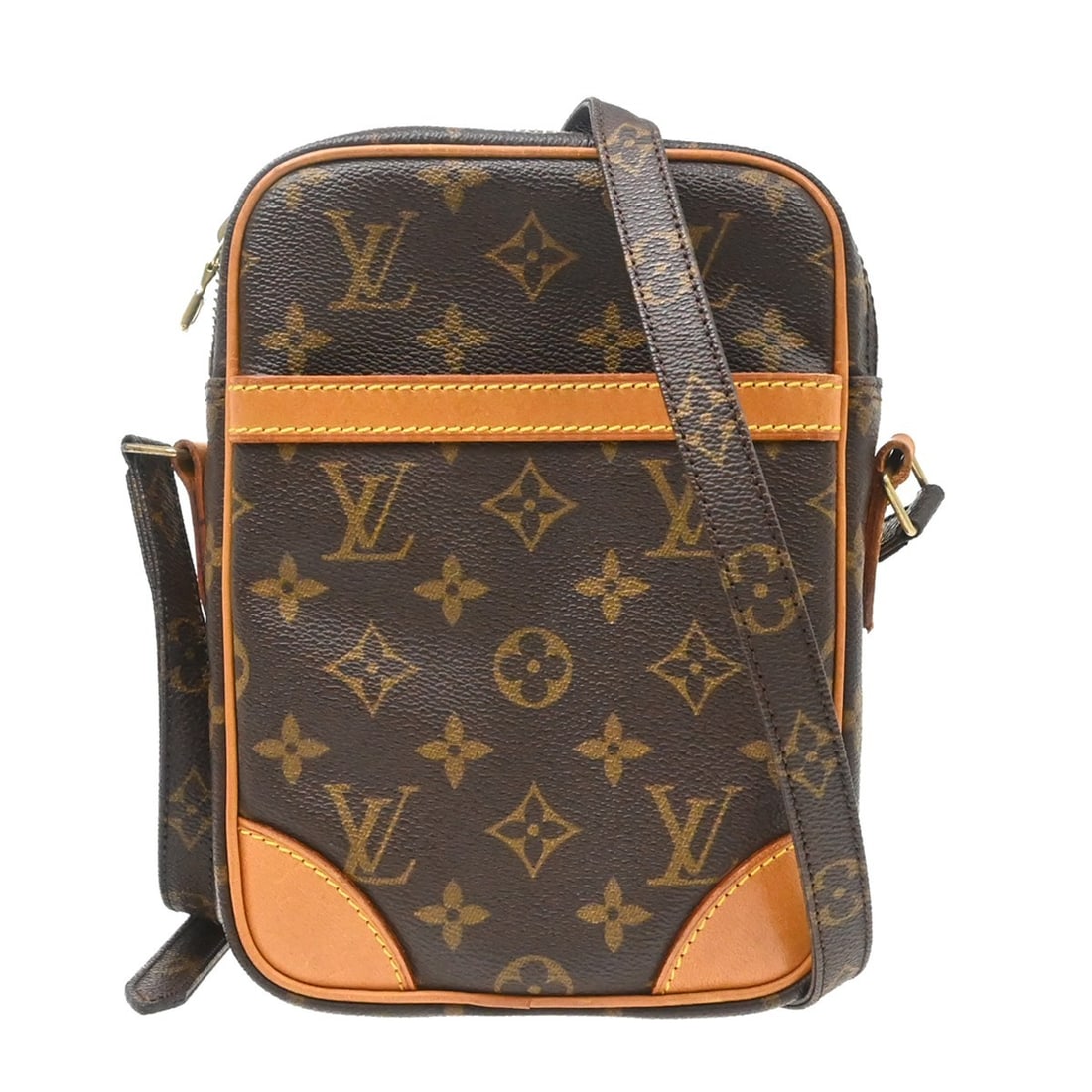 Louis Vuitton Danube Monogram Canvas Crossbody Bag M45266 AR0050: Louis Vuitton Danube Monogram Canvas Crossbody Bag M45266 AR0050 Vintage Louis Vuitton Danube crossbody shoulder bag in brown Monogram canvas with leather trim and an adjustable crossbody strap. This 