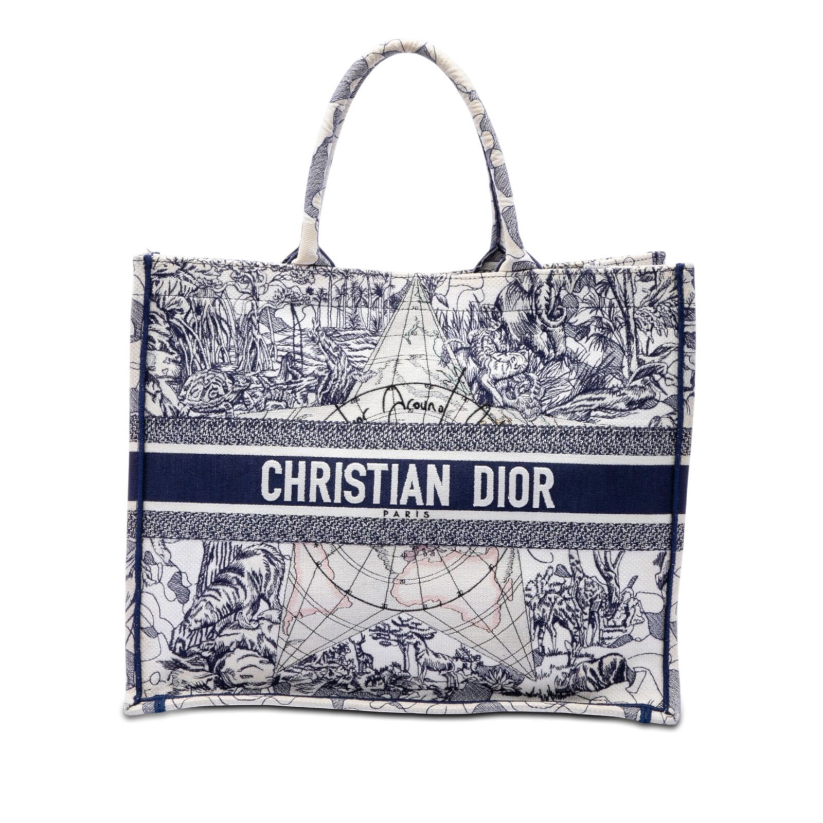 Dior Around The World Large Book Tote Embroidered Canvas Bag: Dior Around The World Large Book Tote Embroidered Canvas Bag Dior Large Canvas Embroidered Around The World Book Tote in white, featuring a canvas body, rolled top handles, and an open top. Made in It