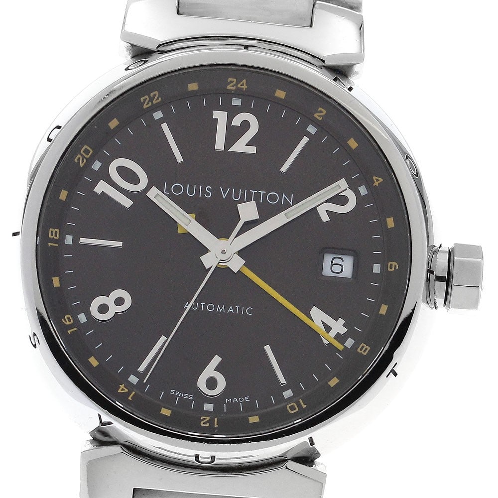 Louis Vuitton Tambour GMT Date Automatic Swiss Wristwatch Q1131: Louis Vuitton Tambour GMT Date Automatic Swiss Wristwatch Q1131 This Louis Vuitton Tambour GMT Date Automatic men's wristwatch features a stainless steel case and a brown dial, complemented by a rubbe