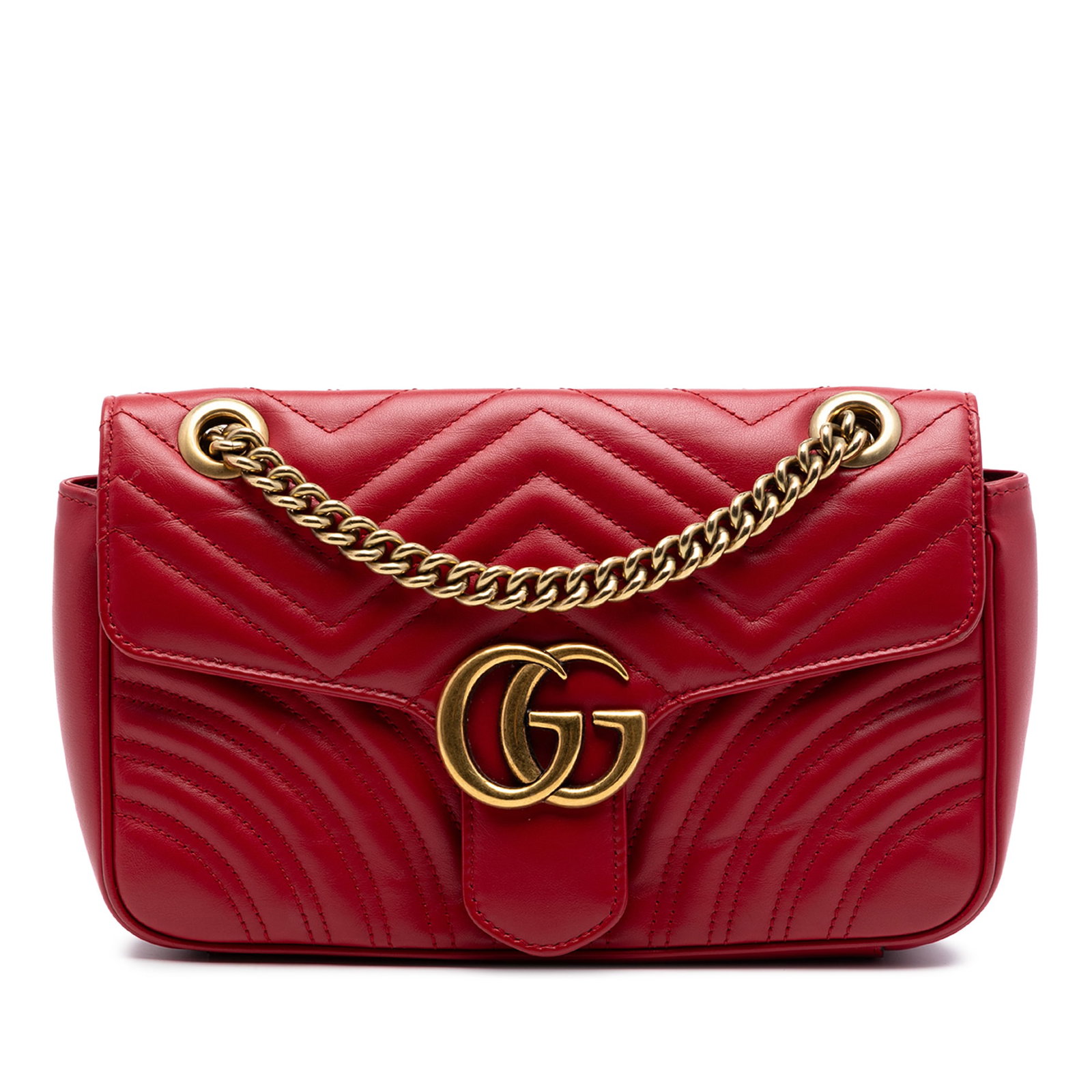 Gucci GG Marmont Medium Red Leather Flap Shoulder Bag: Gucci GG Marmont Medium Red Leather Flap Shoulder Bag Gucci Medium GG Marmont Matelasse Calfskin Shoulder Bag in red leather with a quilted body, chain link shoulder strap with leather guard, front fl