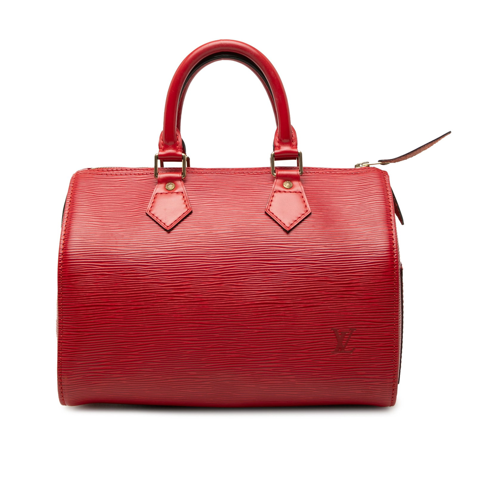 Red Epi Leather Handbag Louis Vuitton Speedy 25: Red Epi Leather Handbag Louis Vuitton Speedy 25 This Louis Vuitton Epi Speedy 25 is a bag made in France, featuring an epi leather body in red. It has rolled handles, a top zip closure, an exterior si