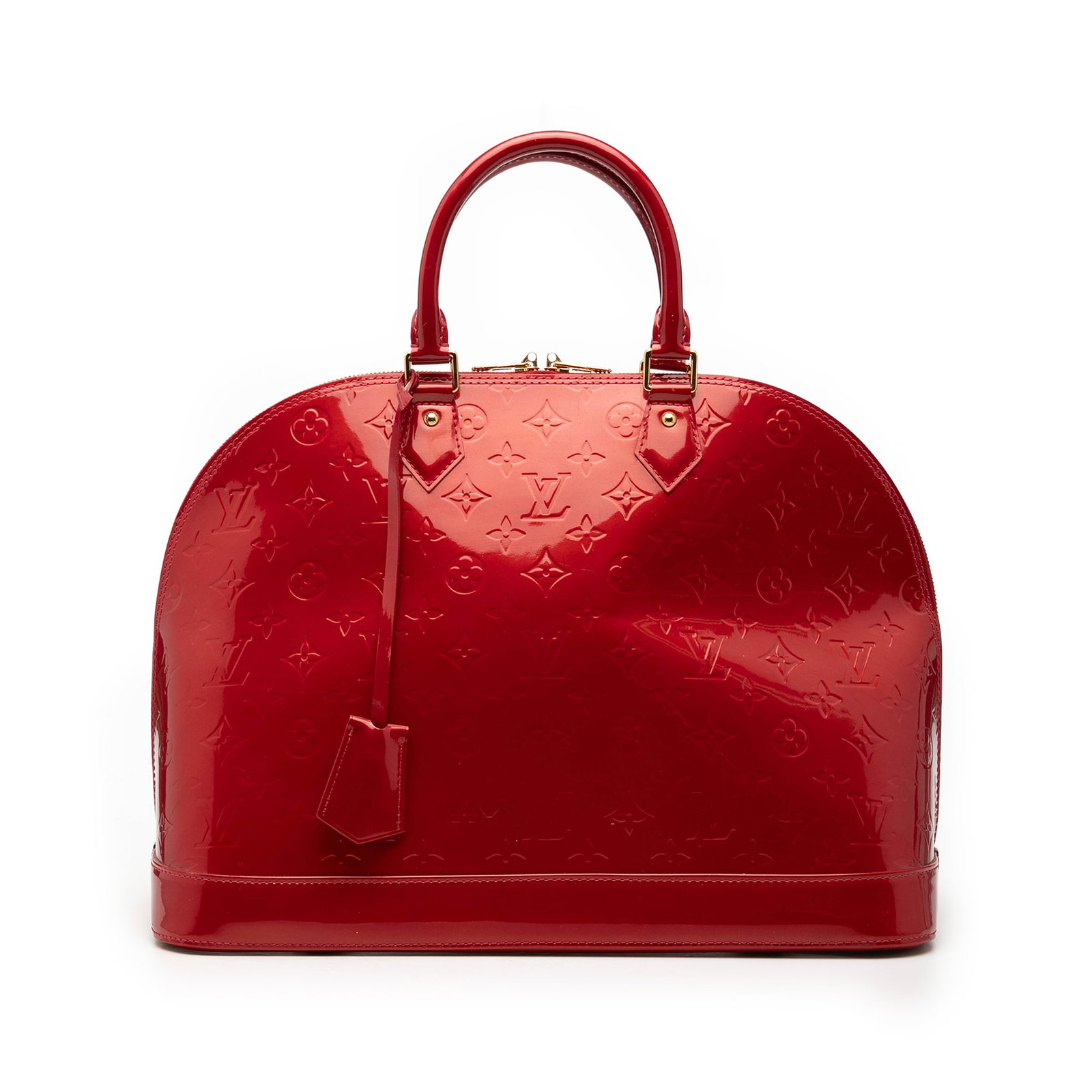 Louis Vuitton Alma GM Monogram Vernis Red Leather Bag: Louis Vuitton Alma GM Monogram Vernis Red Leather Bag This Louis Vuitton Monogram Vernis Alma GM features a monogram vernis leather body in red, rolled leather handles, a top zip-around closure, and i