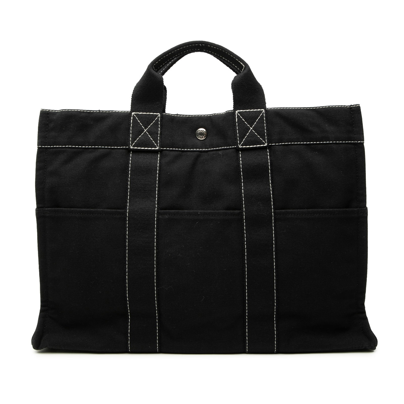Hermes Fourre Tout MM Canvas Tote Bag Black: Hermes Fourre Tout MM Canvas Tote Bag Black Hermes Canvas Fourre Tout MM tote bag in black fabric, made in France. It features a canvas body, exterior front and back slip pockets, flat handles, an ope