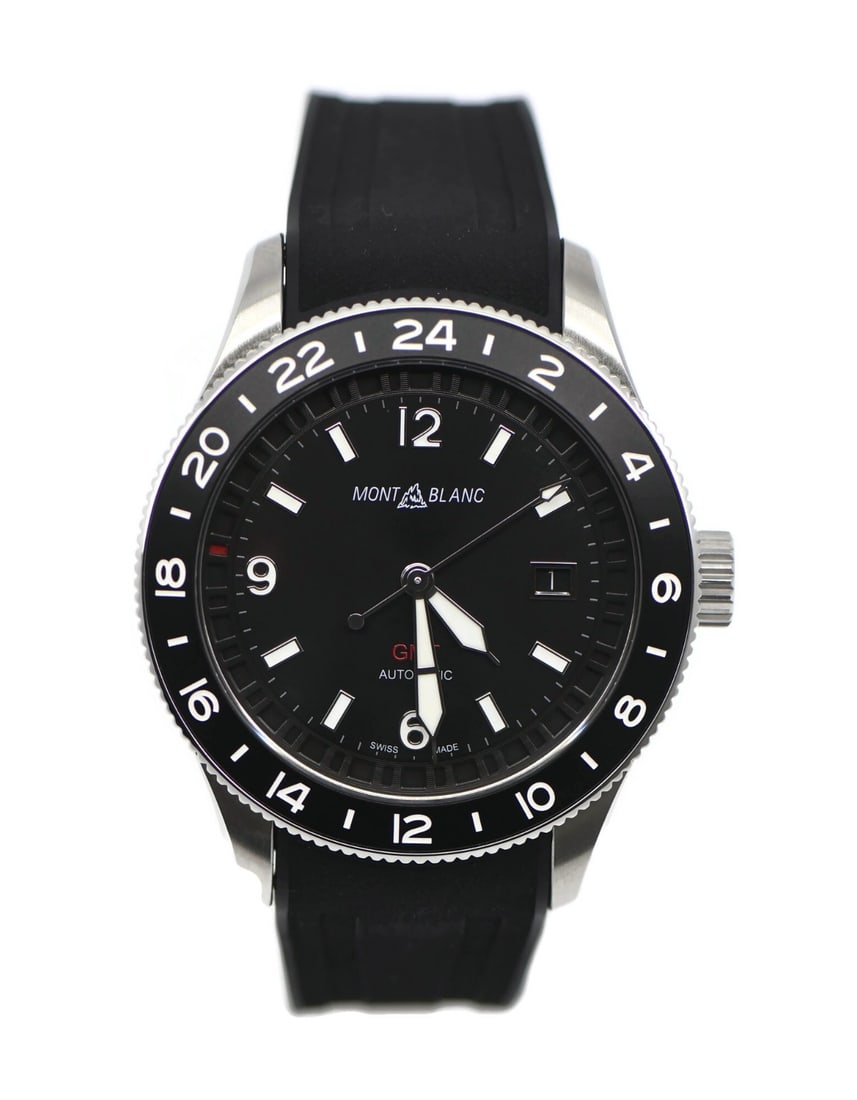 Montblanc 1858 GMT Stainless Steel Watch 42mm with Box and Papers: Montblanc 1858 GMT Stainless Steel Watch 42mm with Box and Papers Discover the elegance of the Montblanc 1858 GMT Stainless Steel Watch, model 129766. This exquisite wristwatch features a robust 42 mm