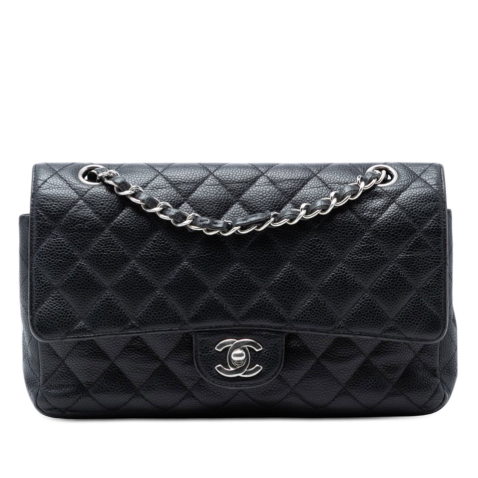 Black Chanel Medium Classic Caviar Leather Double Flap Shoulder Bag: Black Chanel Medium Classic Caviar Leather Double Flap Shoulder Bag This Chanel Medium Classic Caviar Double Flap shoulder bag features a quilted caviar leather body in black, leather-woven chain-link