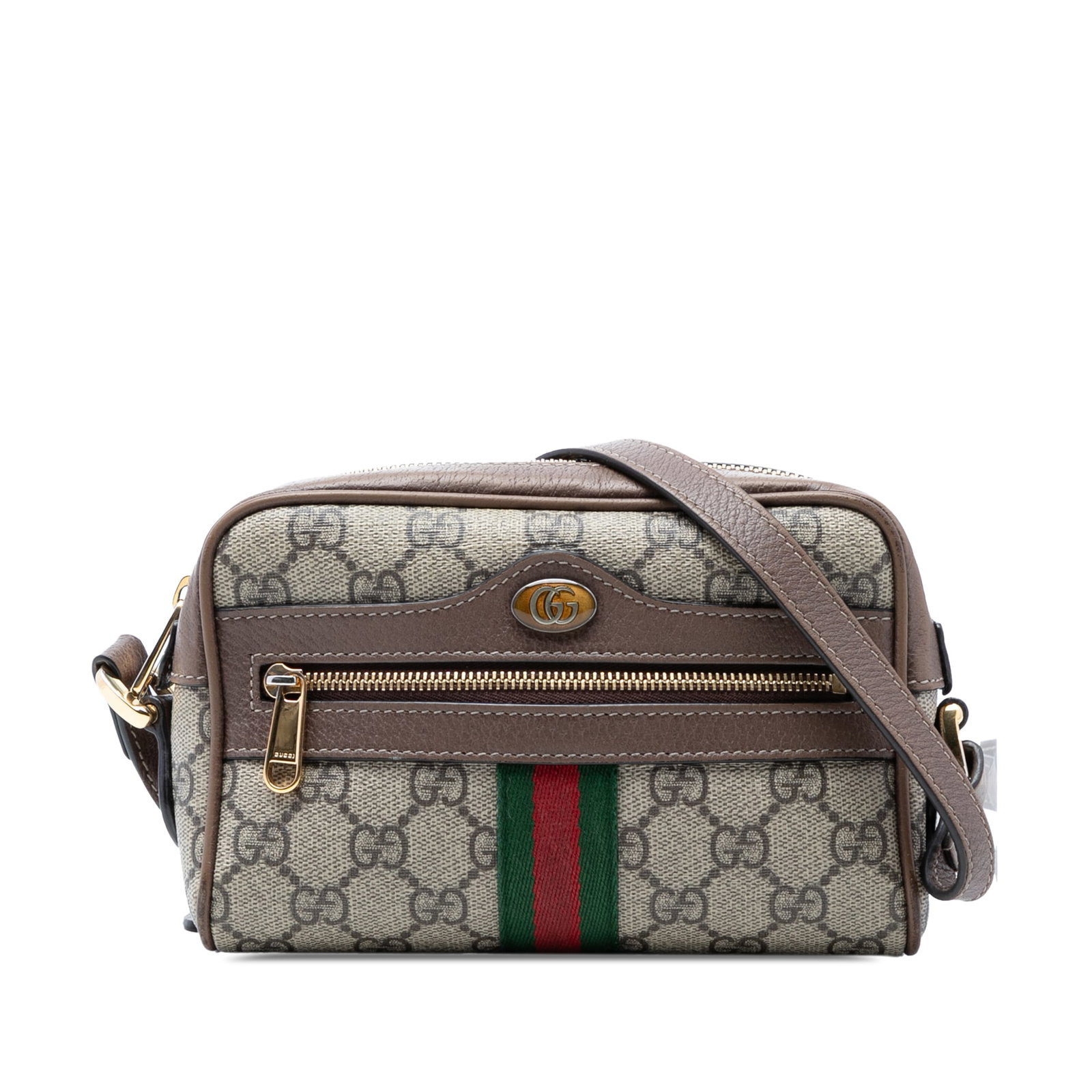 Gucci Ophidia Mini GG Supreme Beige Crossbody Bag: Gucci Ophidia Mini GG Supreme Beige Crossbody Bag This Gucci Mini GG Supreme Web Ophidia Crossbody Bag showcases a coated canvas body with leather trim, complemented by an adjustable flat leather stra