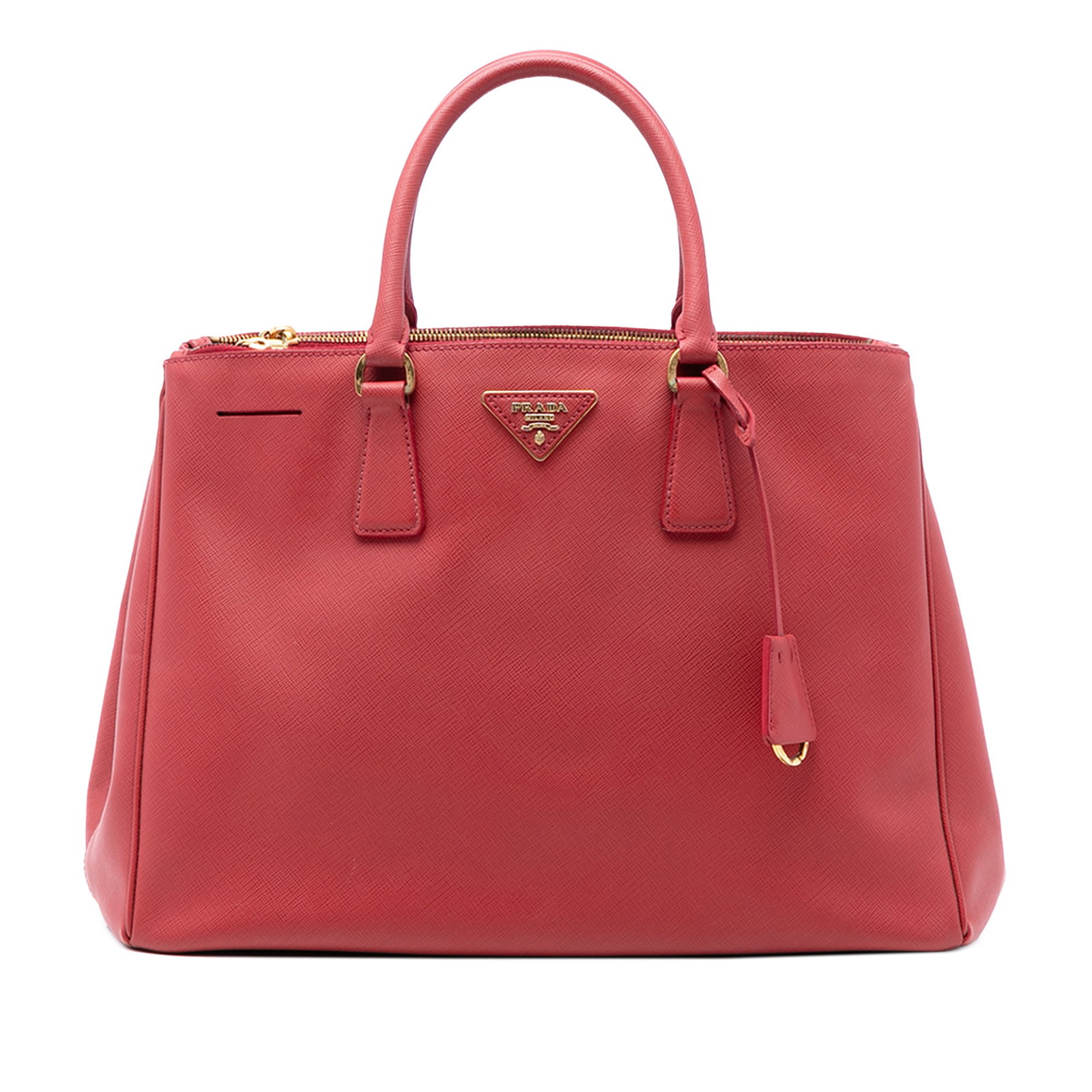 Red Saffiano Leather Galleria Satchel by Prada with Double Zip Compartments: Red Saffiano Leather Galleria Satchel by Prada with Double Zip Compartments This Prada Large Saffiano Lux Galleria Double Zip Satchel features a saffiano leather body in red, rolled leather handles, a