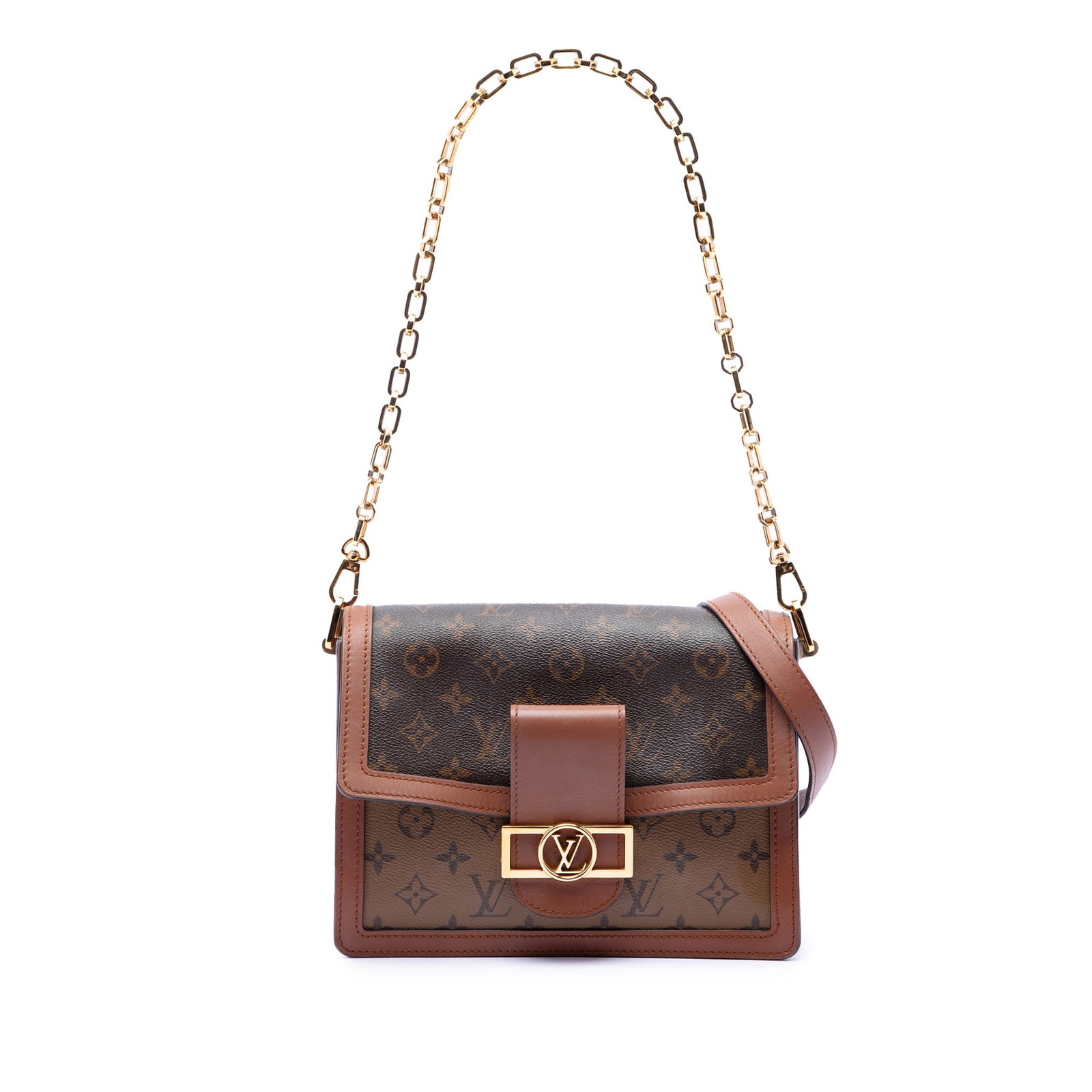 Louis Vuitton Dauphine MM Monogram Reverse Shoulder Bag: Louis Vuitton Dauphine MM Monogram Reverse Shoulder Bag Louis Vuitton Monogram Reverse Dauphine MM bag crafted with a monogram reverse canvas body and leather trim. It features a detachable gold tone 