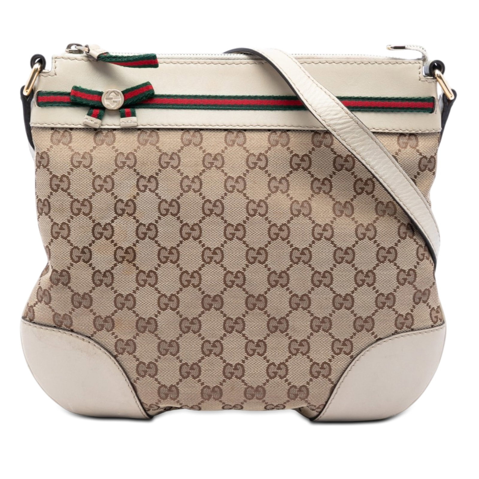 Gucci Mayfair Crossbody Bag GG Canvas Web Beige: Gucci Mayfair Crossbody Bag GG Canvas Web Beige This Gucci Mayfair crossbody bag is crafted with a beige GG canvas body and leather trim, accented by ribbon and web detailing on the top panel. It feat