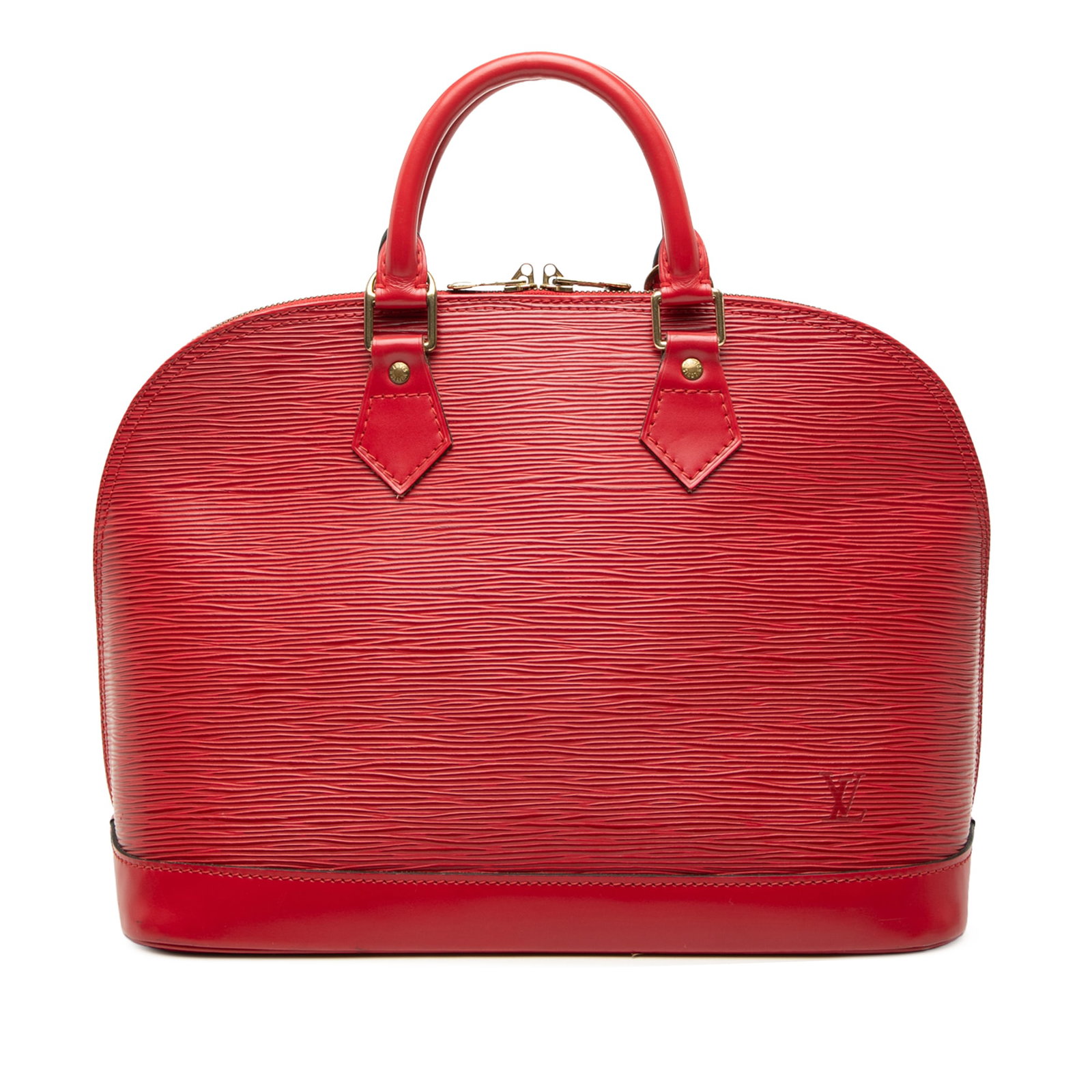 Louis Vuitton Epi Alma PM Red Leather Handbag: Louis Vuitton Epi Alma PM Red Leather Handbag Louis Vuitton Epi Alma PM bag in red leather, made in France. It features an Epi leather body, rolled handles, a top zip closure, and an interior slip poc