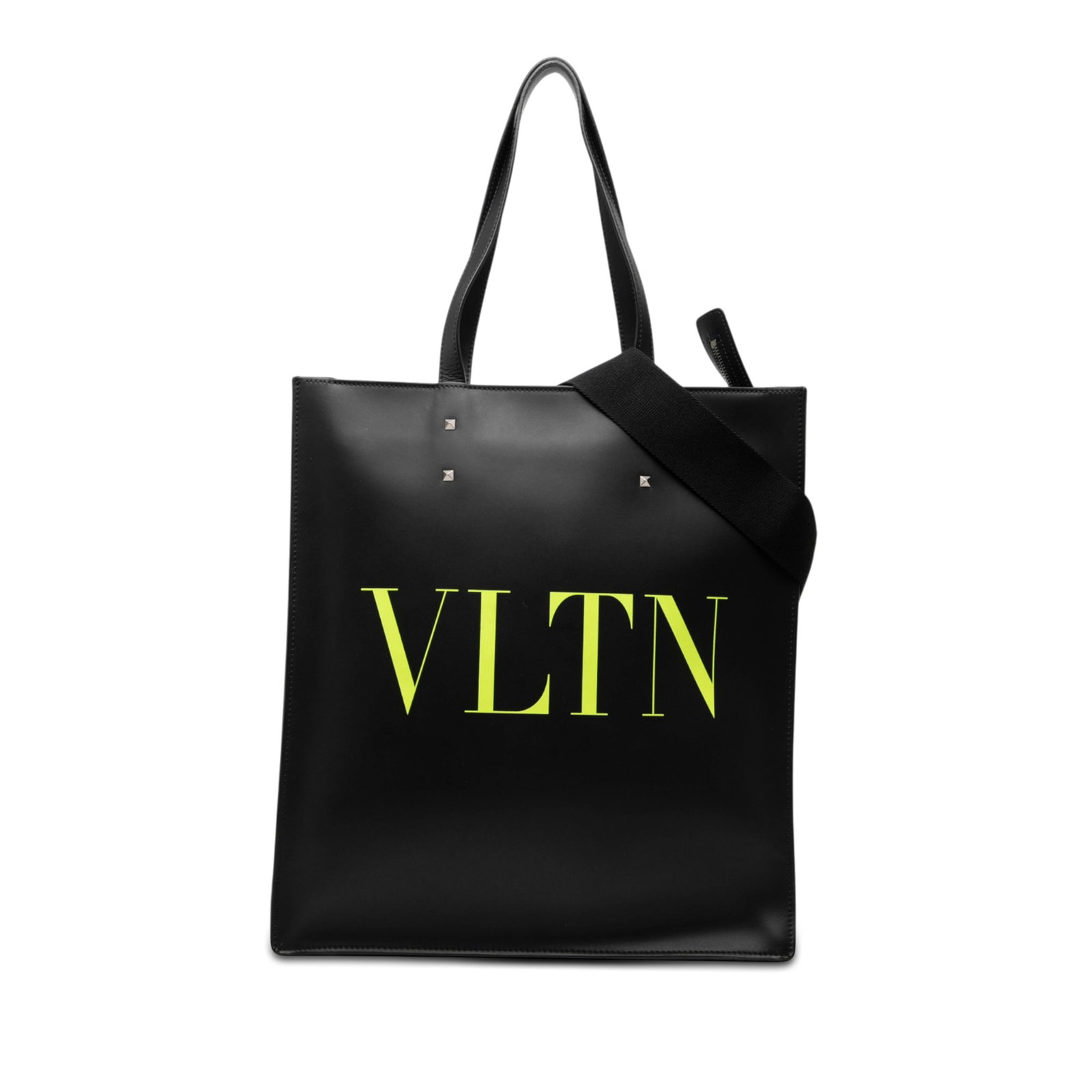 Valentino VLTN Rockstud Leather Tote Bag with Strap: Valentino VLTN Rockstud Leather Tote Bag with Strap Valentino VLTN satchel in black leather with rockstud details, flat leather handles, a detachable flat strap, top zip closure, and an interior zip p