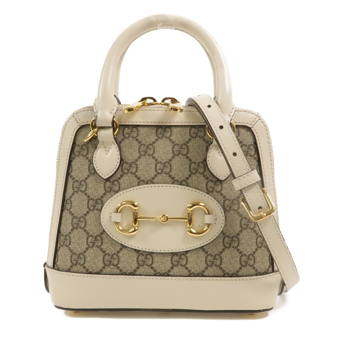 Gucci Horsebit 1955 Mini 2 Way Shoulder Bag 640716 White GG Canvas: Gucci Horsebit 1955 Mini 2 Way Shoulder Bag 640716 White GG Canvas Mini 2-way shoulder bag in PVC coated canvas with a Horsebit 1955 design and GG hardware. It is white in color and comes with a shoul