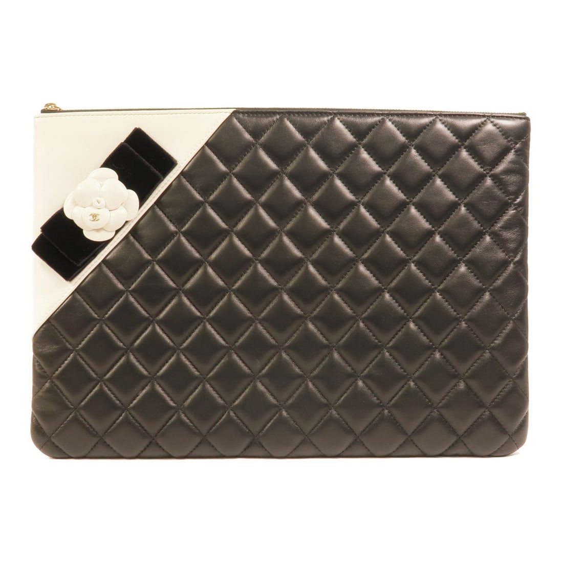 CHANEL Matelasse Lambskin Clutch Bag Black White Coco Mark CC: CHANEL Matelasse Lambskin Clutch Bag Black White Coco Mark CC A CHANEL Coco Mark clutch bag crafted in lambskin leather with a Matelasse design and CC gold-tone hardware. The bag is presented in black
