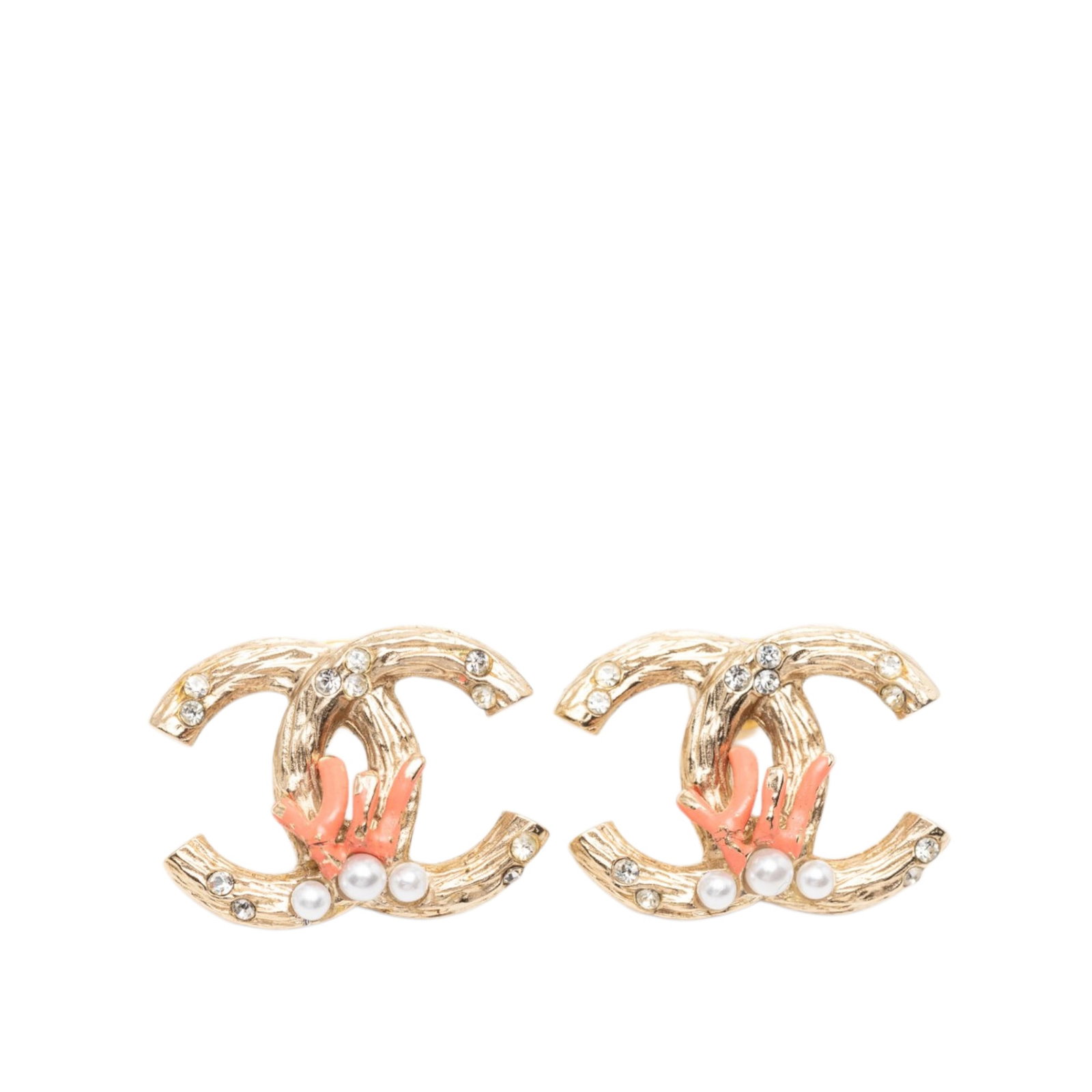 Chanel Gold Tone Faux Pearl Strass CC Earrings: Chanel Gold Tone Faux Pearl Strass CC Earrings These Chanel earrings feature a textured gold-tone metal design accented with faux pearl and strass embellishments. They are equipped with push back clos
