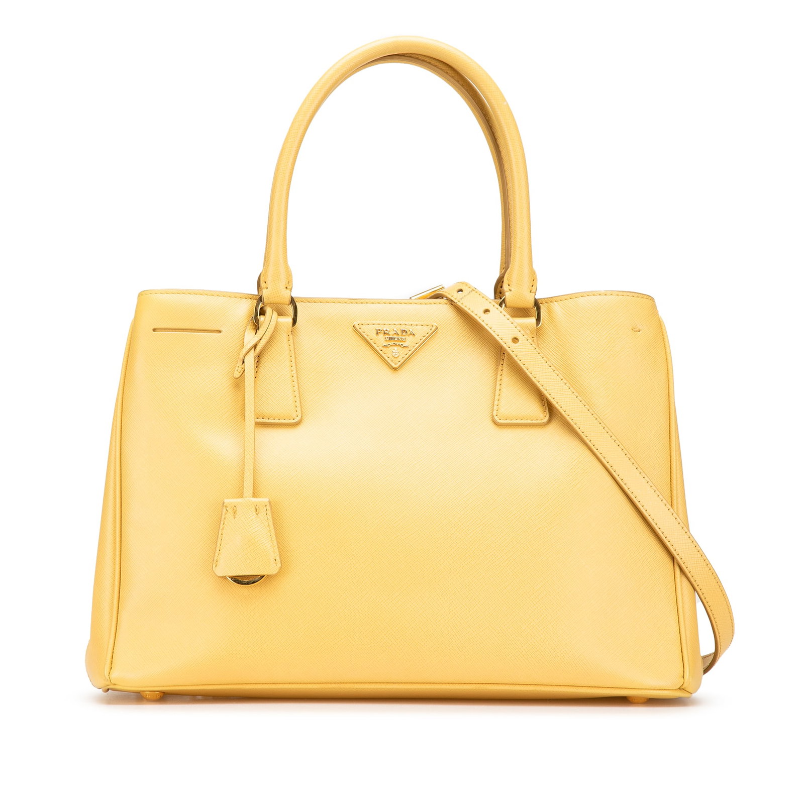Prada Galleria Small Saffiano Lux Leather Satchel Yellow: Prada Galleria Small Saffiano Lux Leather Satchel Yellow Prada Small Saffiano Lux Galleria Satchel in yellow leather. The bag features a saffiano leather body, rolled leather handles, a detachable fla